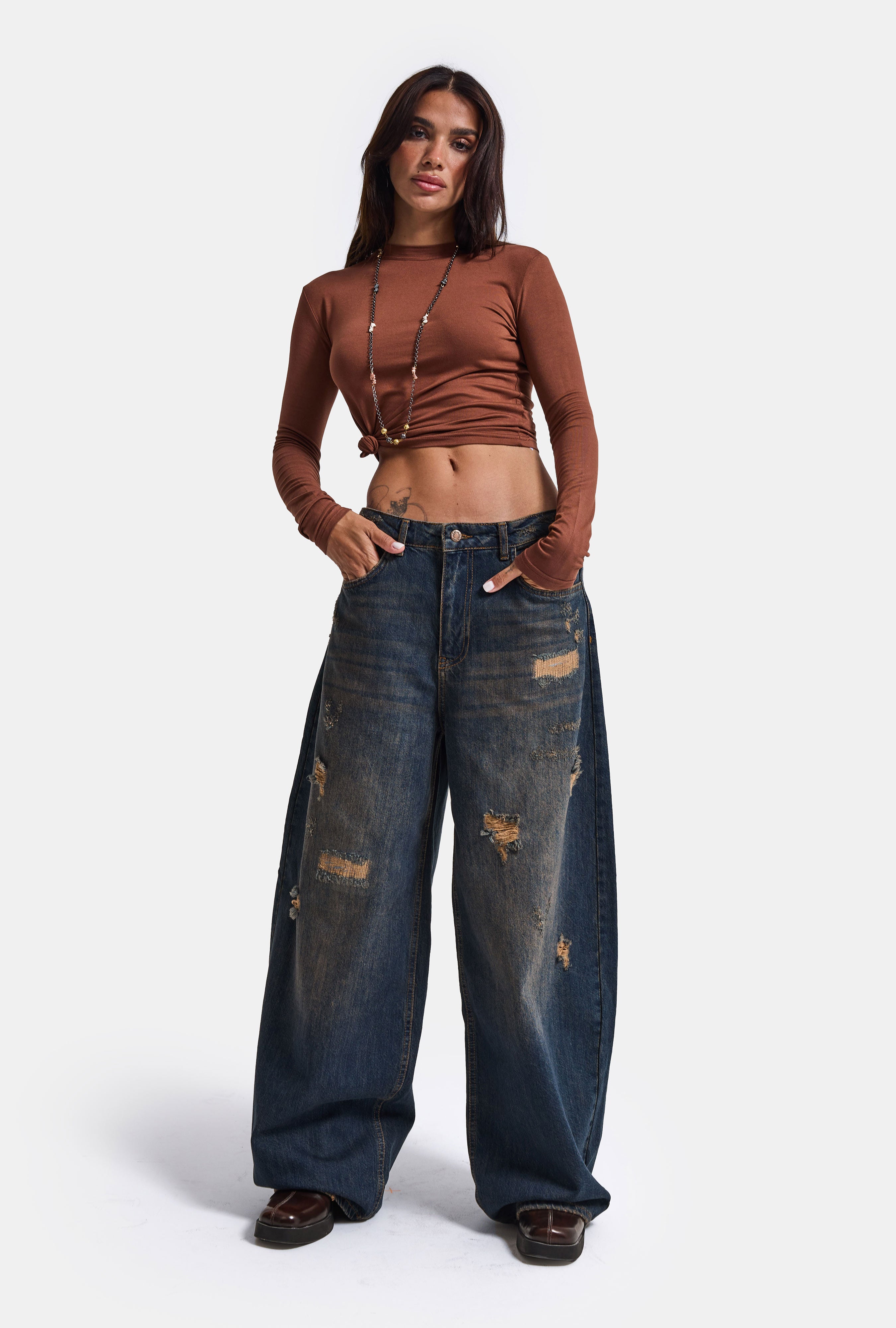 Kadın T.Kot Rengi 10w6-8 Palazzo Fit Süper Bol Kesim Denim Jean