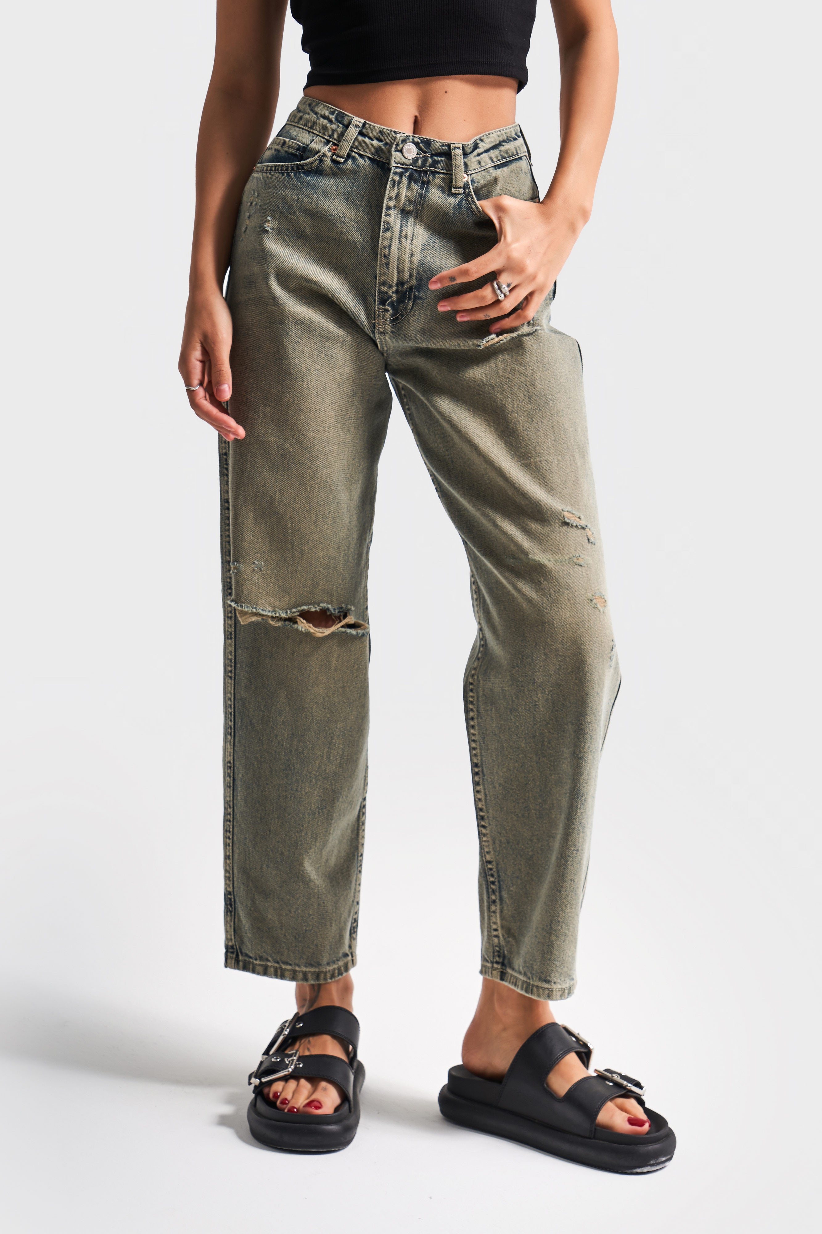 Kadın T.Kot Rengi 12s5-46 Relax Fit %100 Koton Yırtık Detaylı Denim Jean
