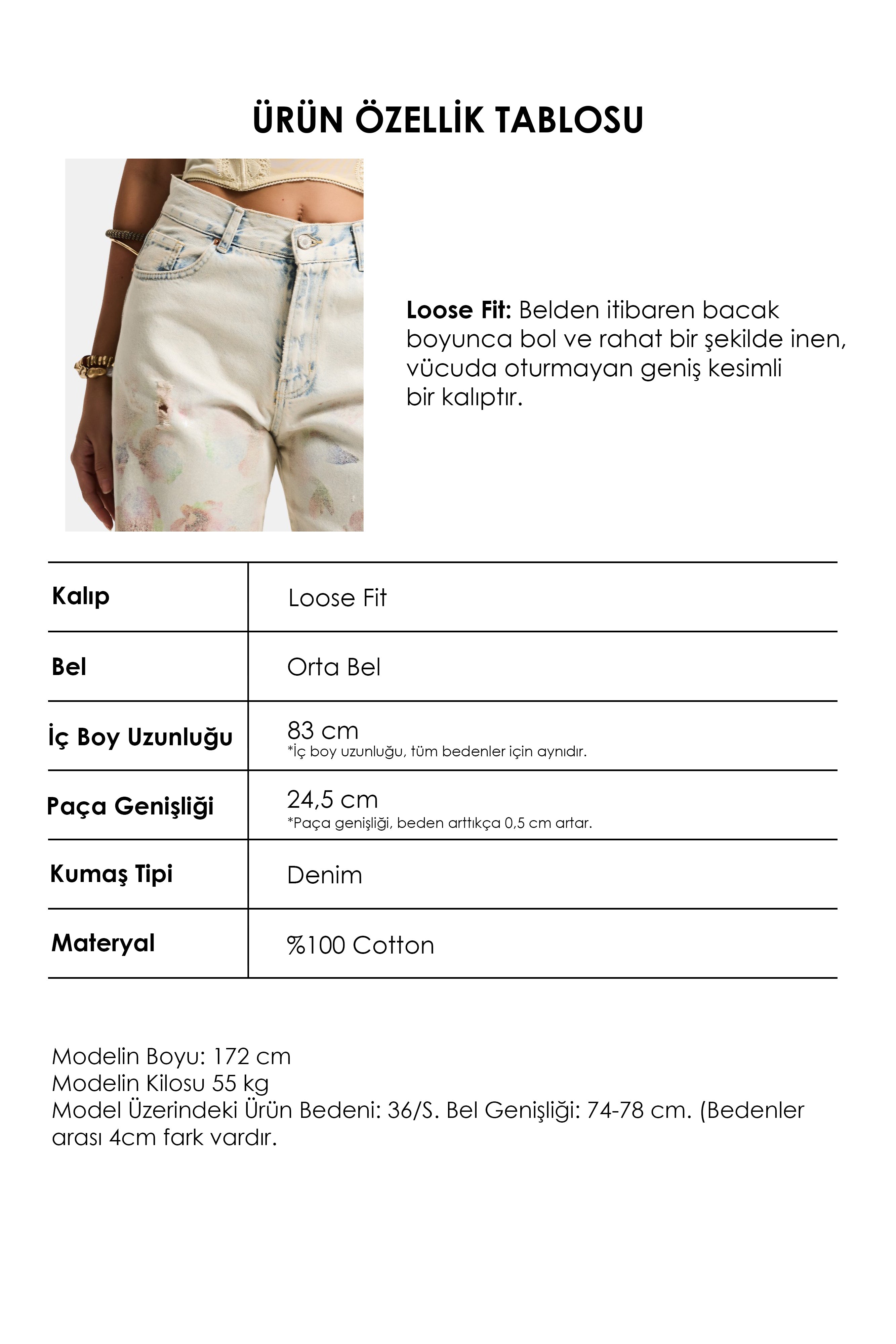 Kadın T.Kot Rengi 12s6-99 Loose Fit Yırtık Detaylı Çiçek Baskılı Özel Tasarım Denim Jean