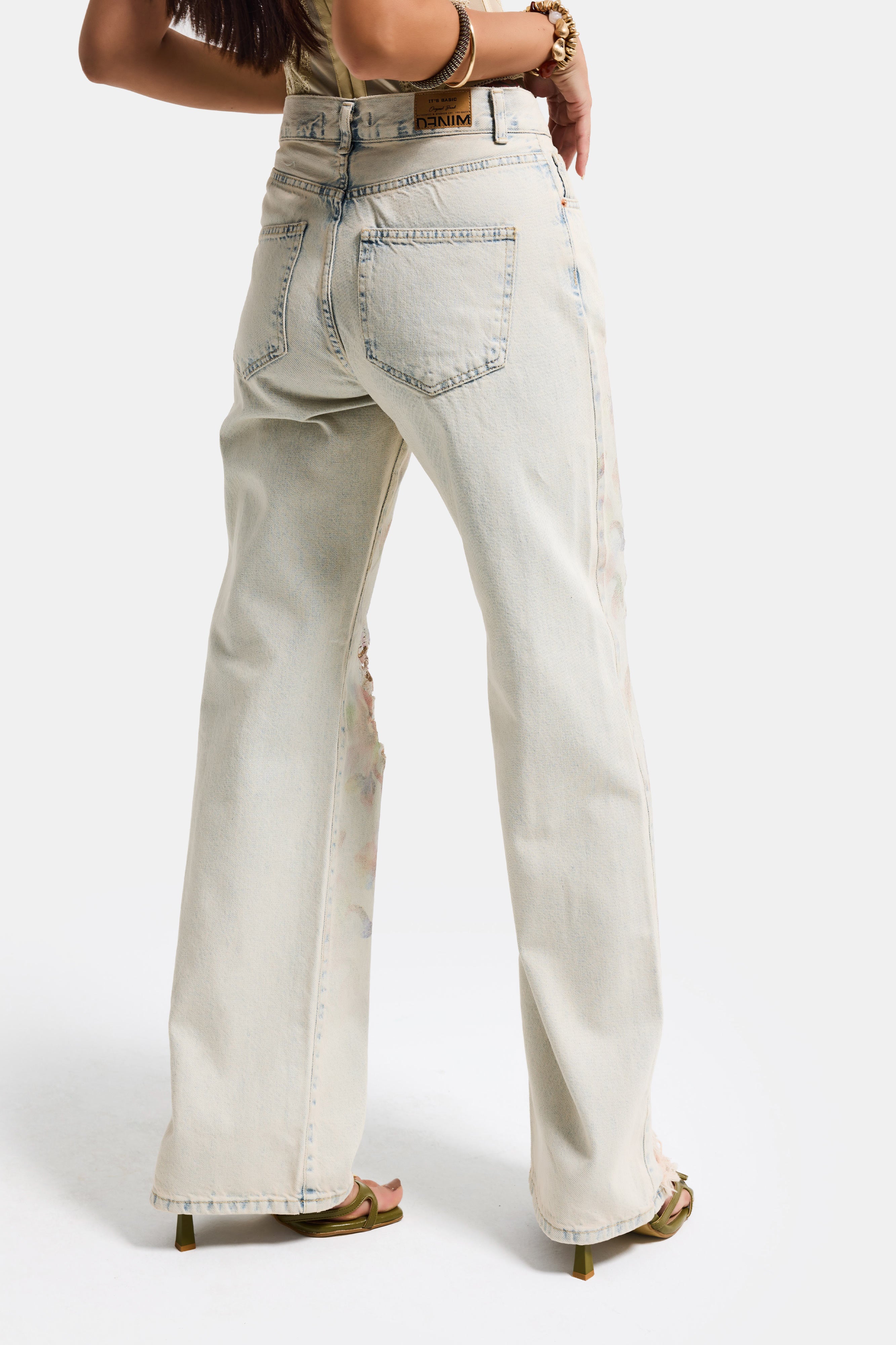 Kadın T.Kot Rengi 12s6-99 Loose Fit Yırtık Detaylı Çiçek Baskılı Özel Tasarım Denim Jean