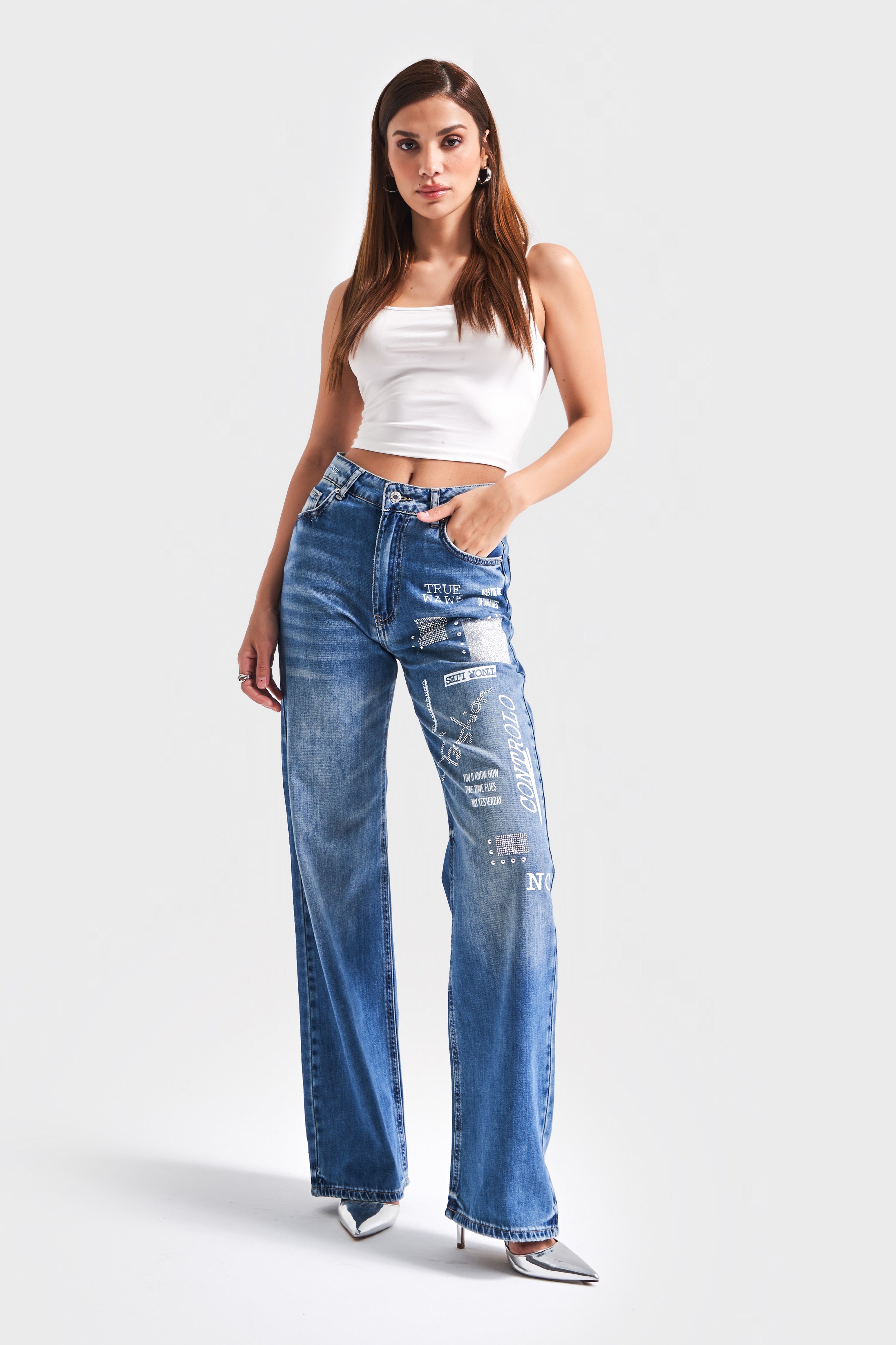 Kadın T.Kot Rengi 2S5-72 Baskılı Parlak Taşlı Straight Fit %100 Koton Tasarım Denim Jean