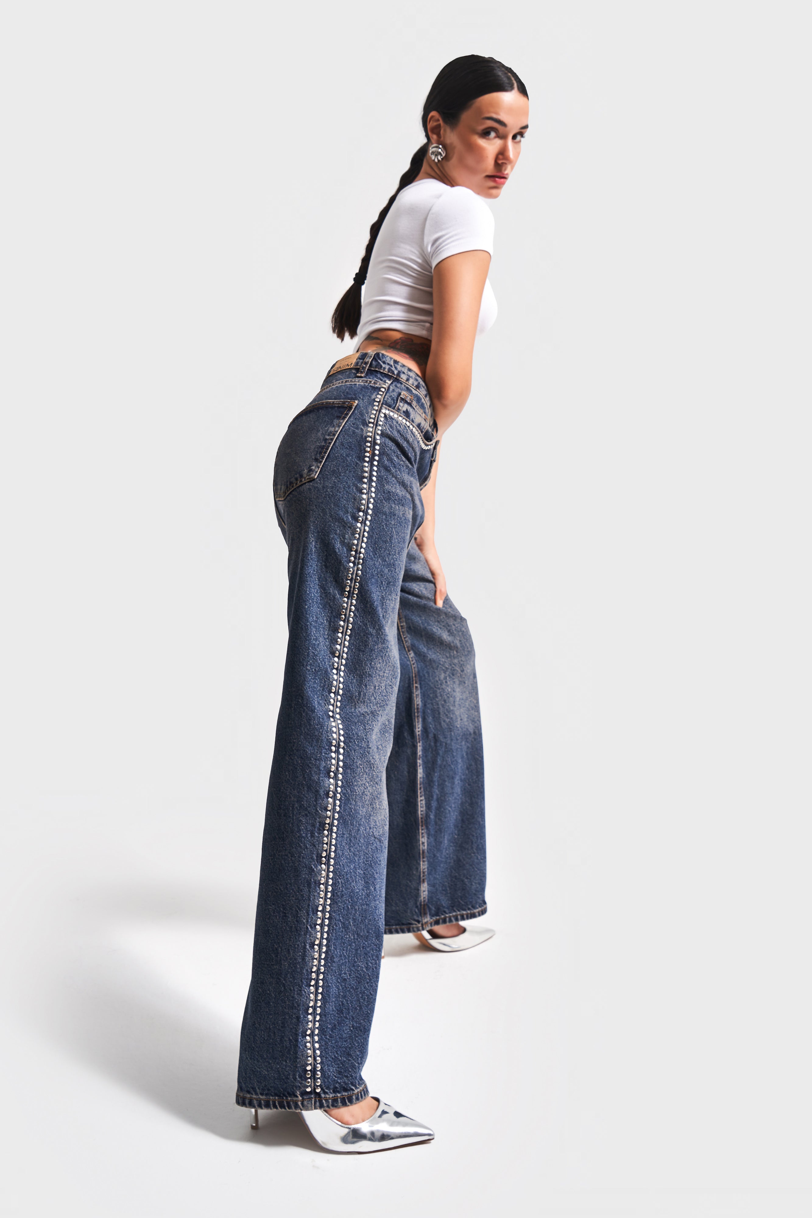 Kadın T.Kot Rengi 2W4-8 Skater Fit Yandan Taş Detaylı Bol Kesim Tasarım Denim Jean