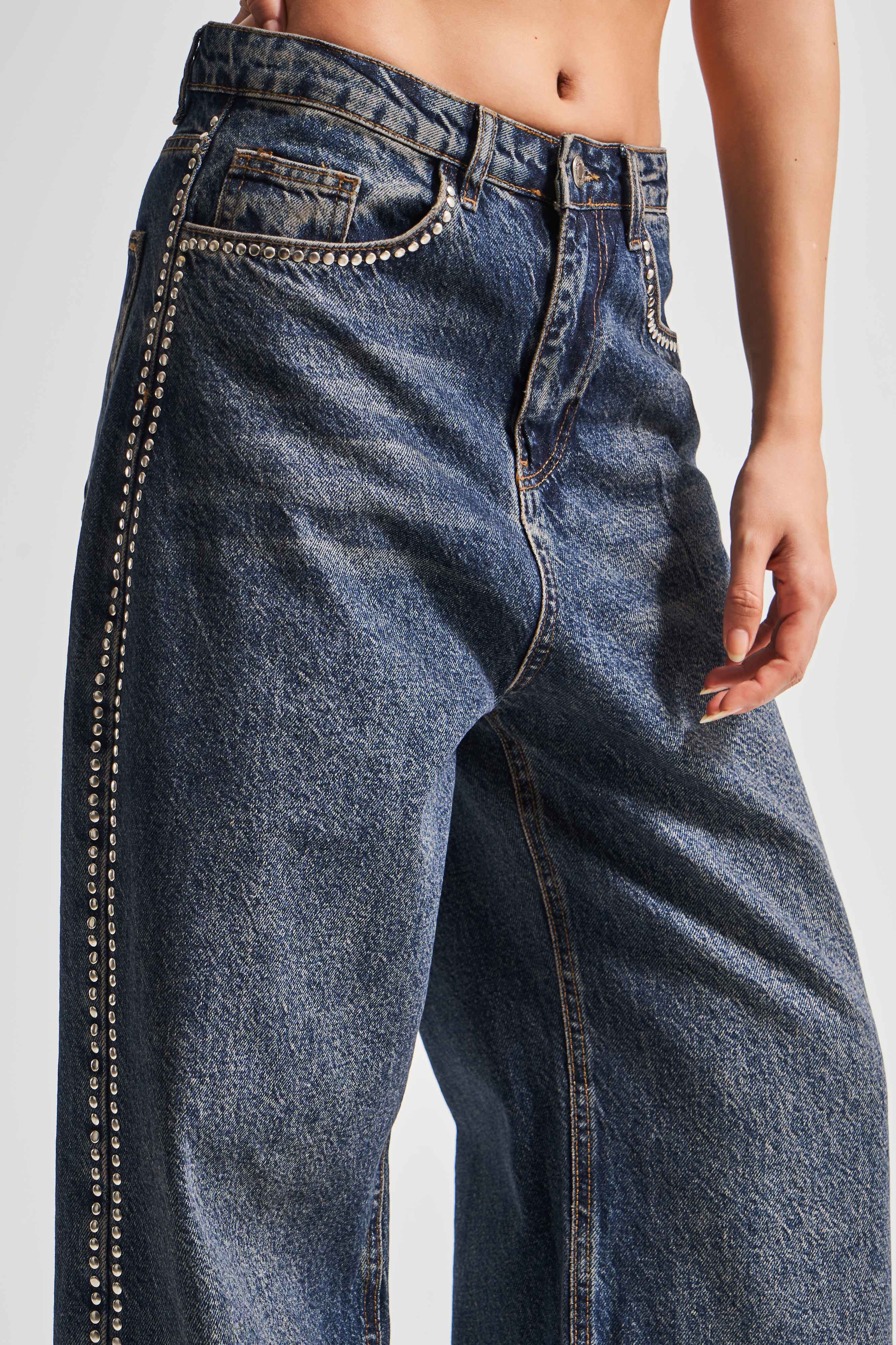 Kadın T.Kot Rengi 2W4-8 Skater Fit Yandan Taş Detaylı Bol Kesim Tasarım Denim Jean