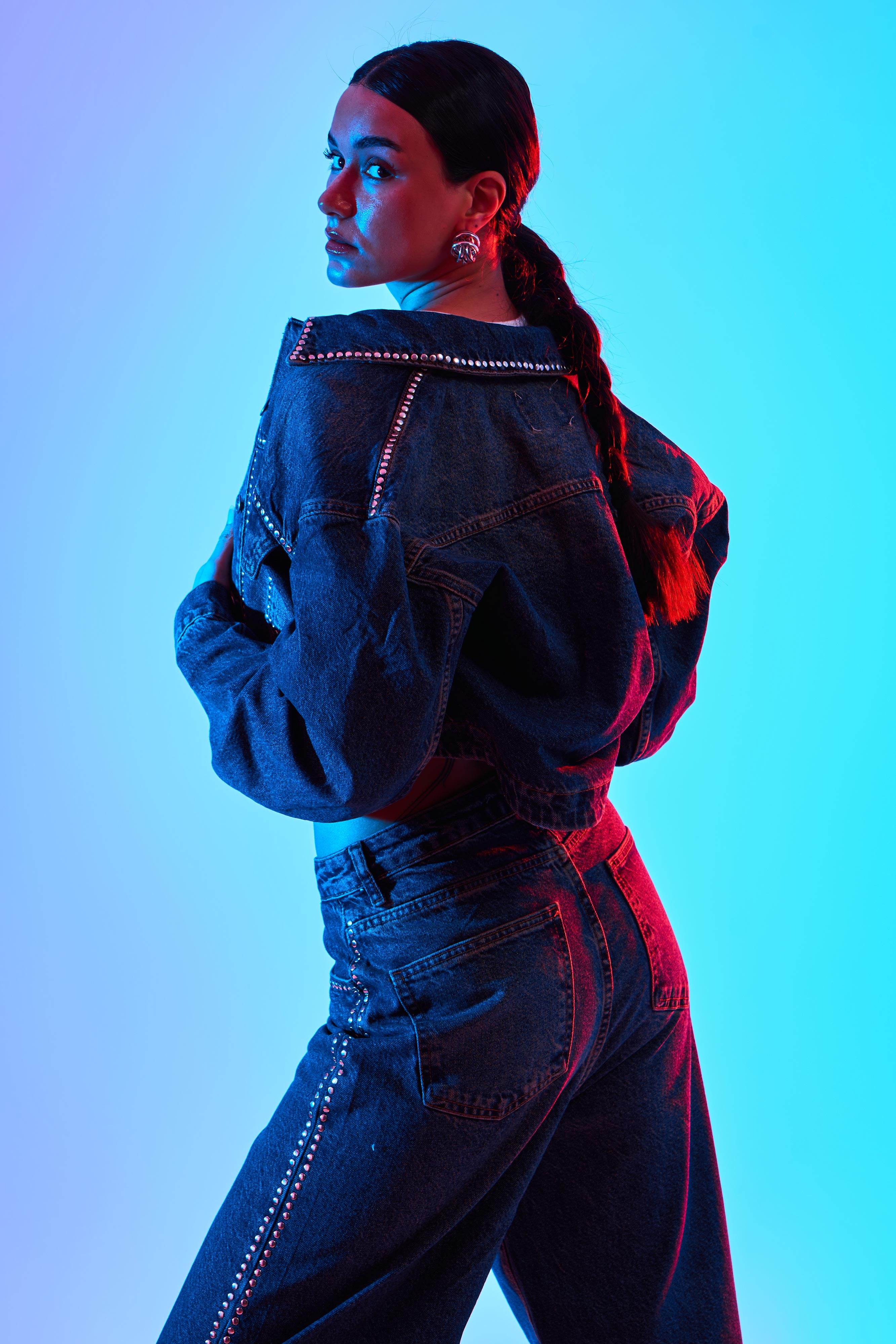 Kadın T.Kot Rengi 2W4-8 Zımba Parlak Taşlı Tasarım Denim Ceket