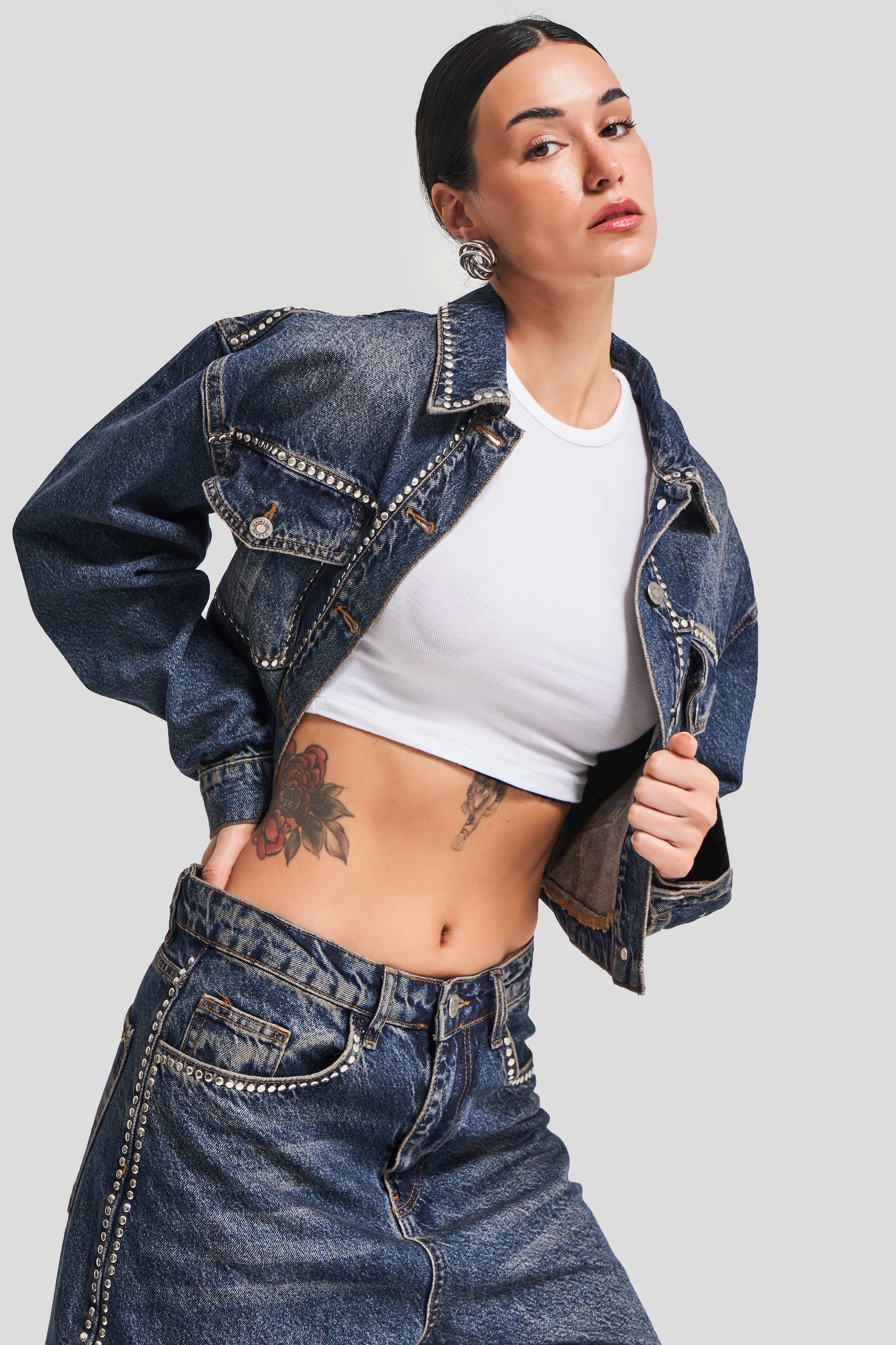 Kadın T.Kot Rengi 2W4-8 Zımba Parlak Taşlı Tasarım Denim Ceket