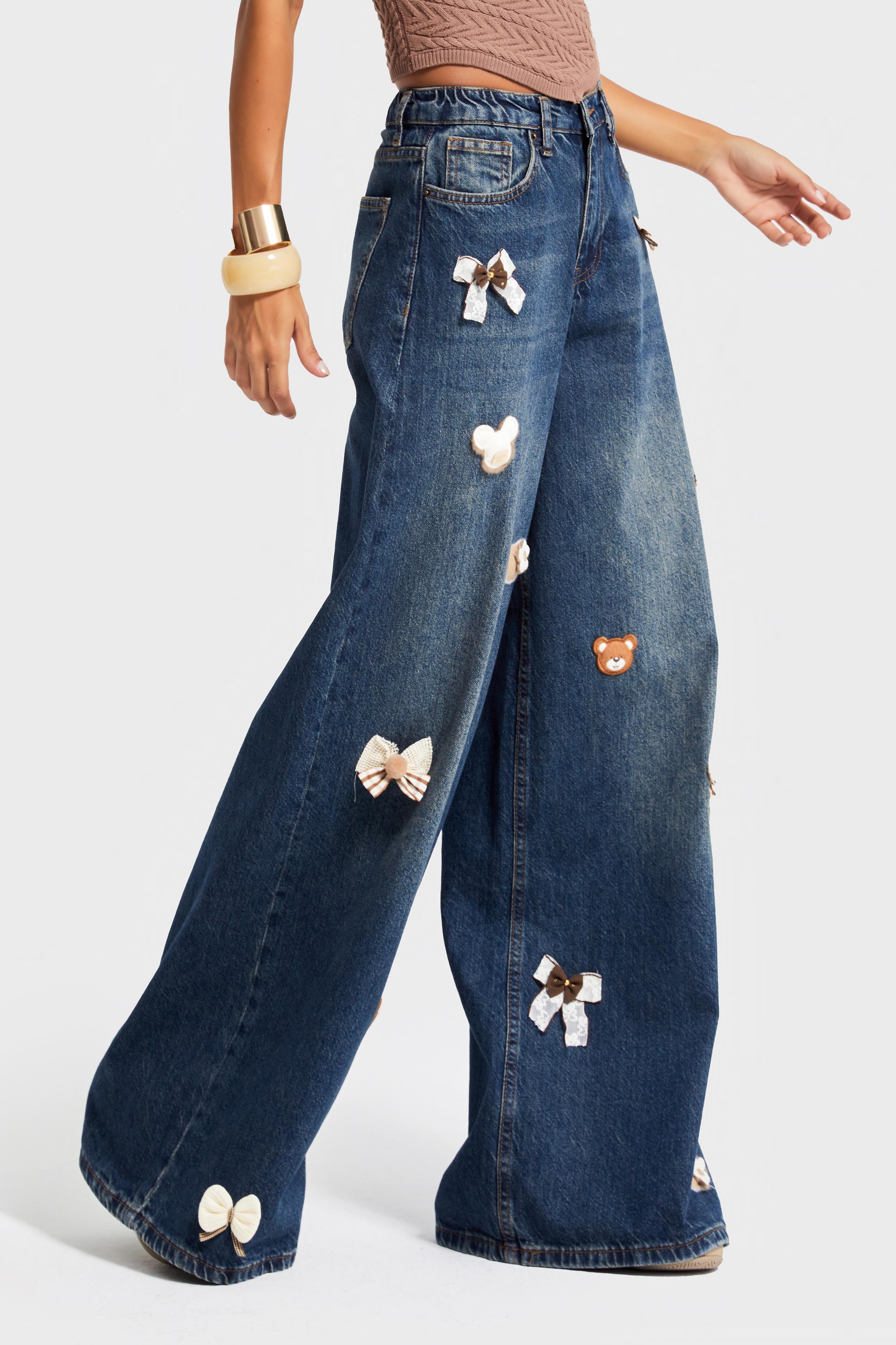 Kadın T.Kot Rengi 2w5-8 Loose Wide Leg Orta Bel Obje Detaylı Özel Tasarım Denim Jean
