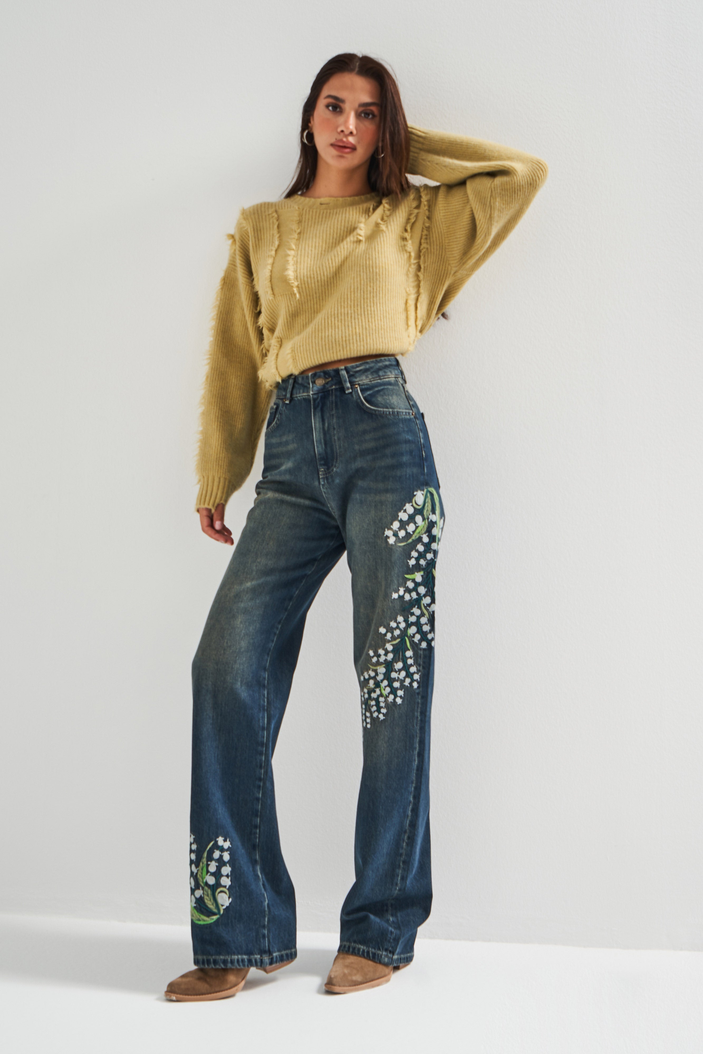 Kadın T.Kot Rengi 2w5-31 Straight Fit Yüksek Bel Özel Çiçek Kuş Nakışlı Tasarım Denim Jean