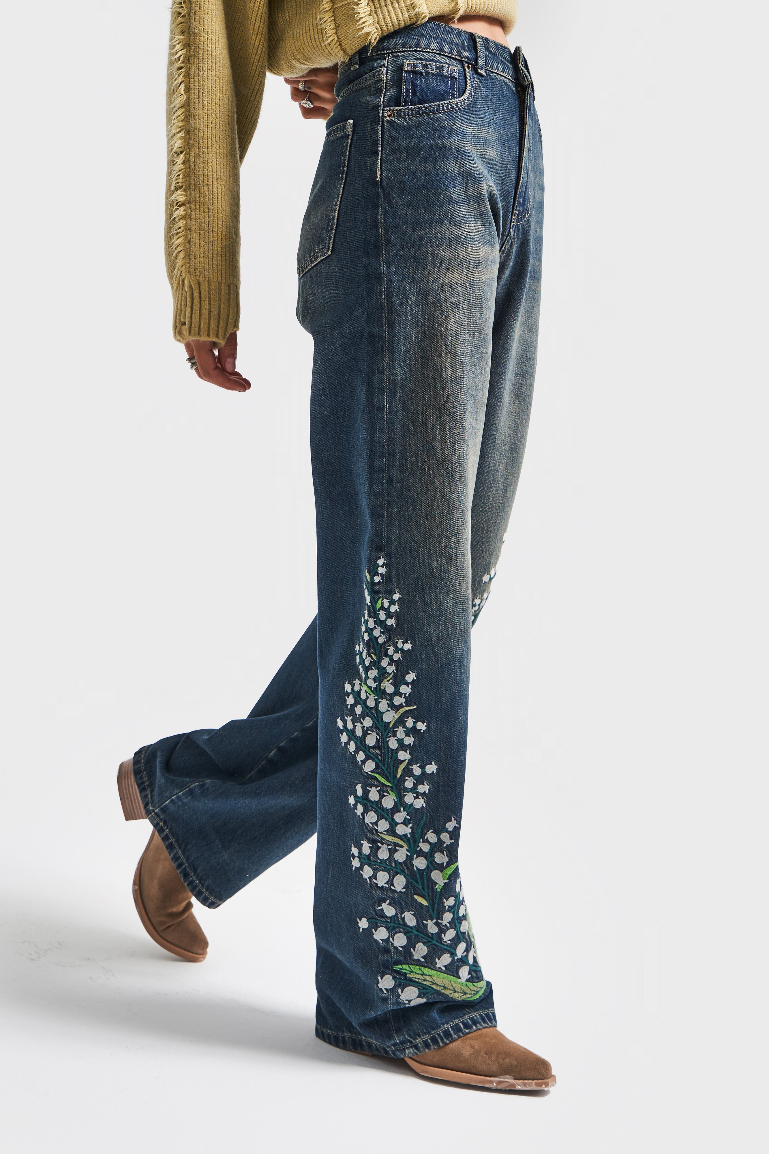 Kadın T.Kot Rengi 2w5-31 Straight Fit Yüksek Bel Özel Çiçek Kuş Nakışlı Tasarım Denim Jean