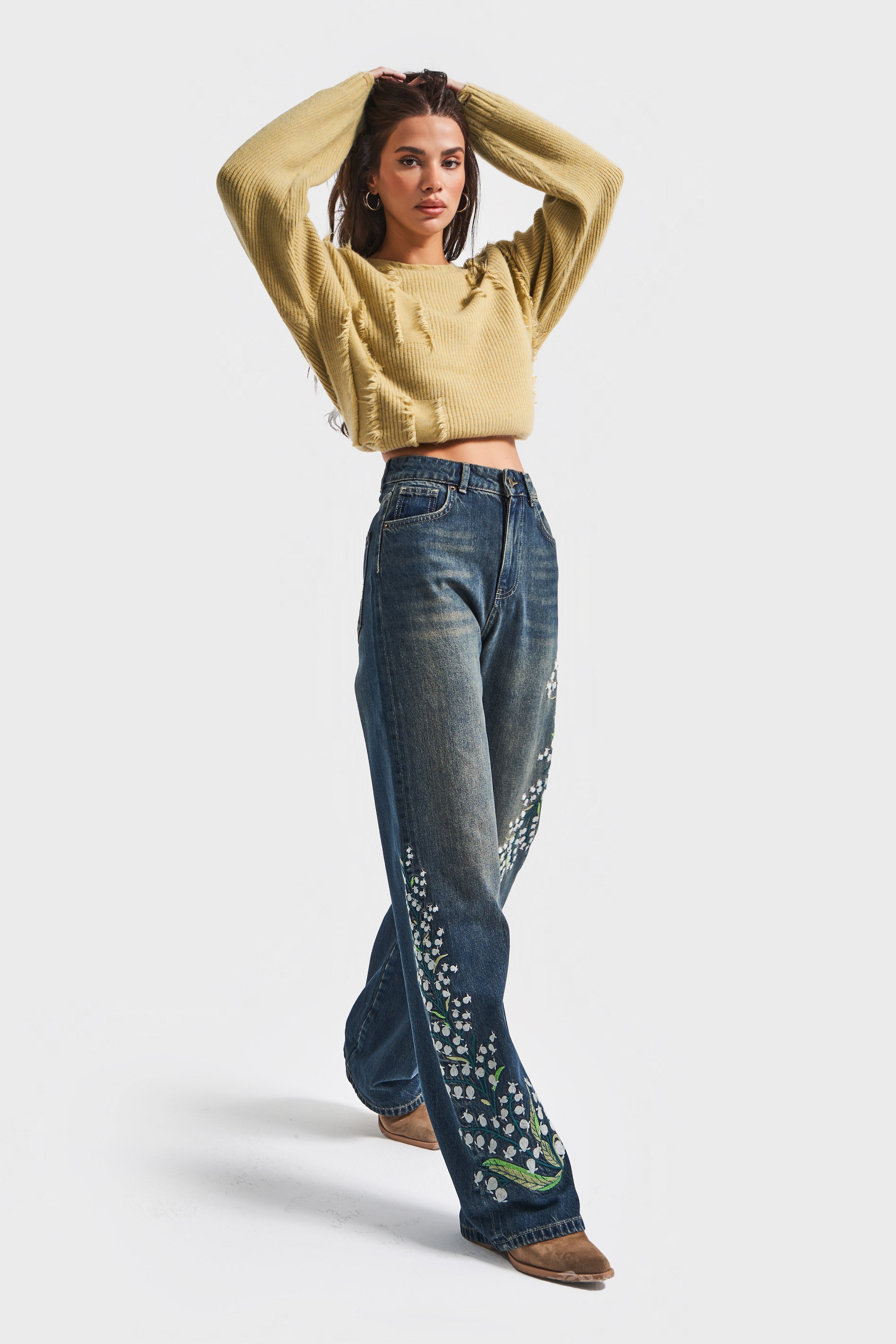 Kadın T.Kot Rengi 2w5-31 Straight Fit Yüksek Bel Özel Çiçek Kuş Nakışlı Tasarım Denim Jean