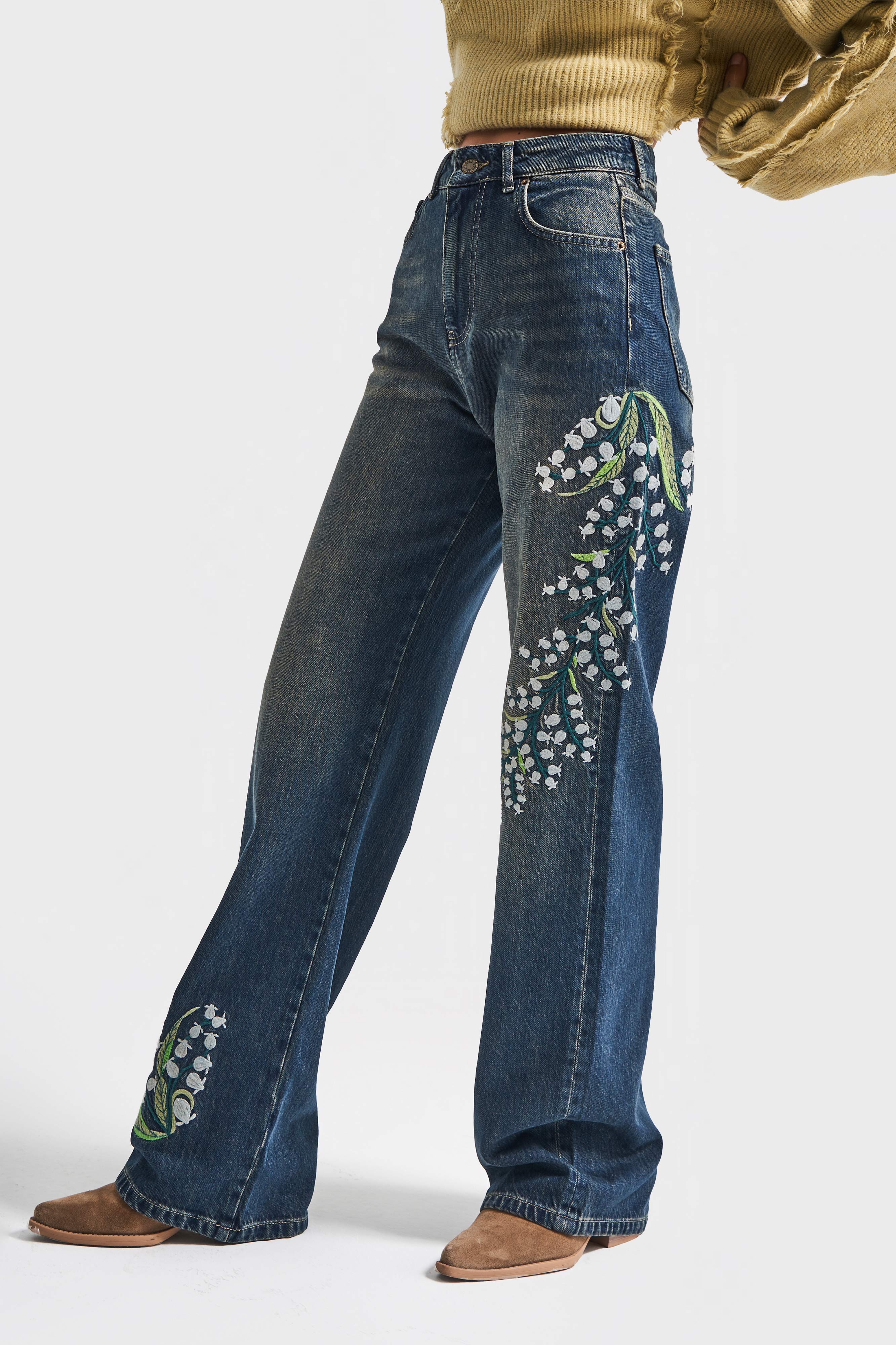 Kadın T.Kot Rengi 2w5-31 Straight Fit Yüksek Bel Özel Çiçek Kuş Nakışlı Tasarım Denim Jean