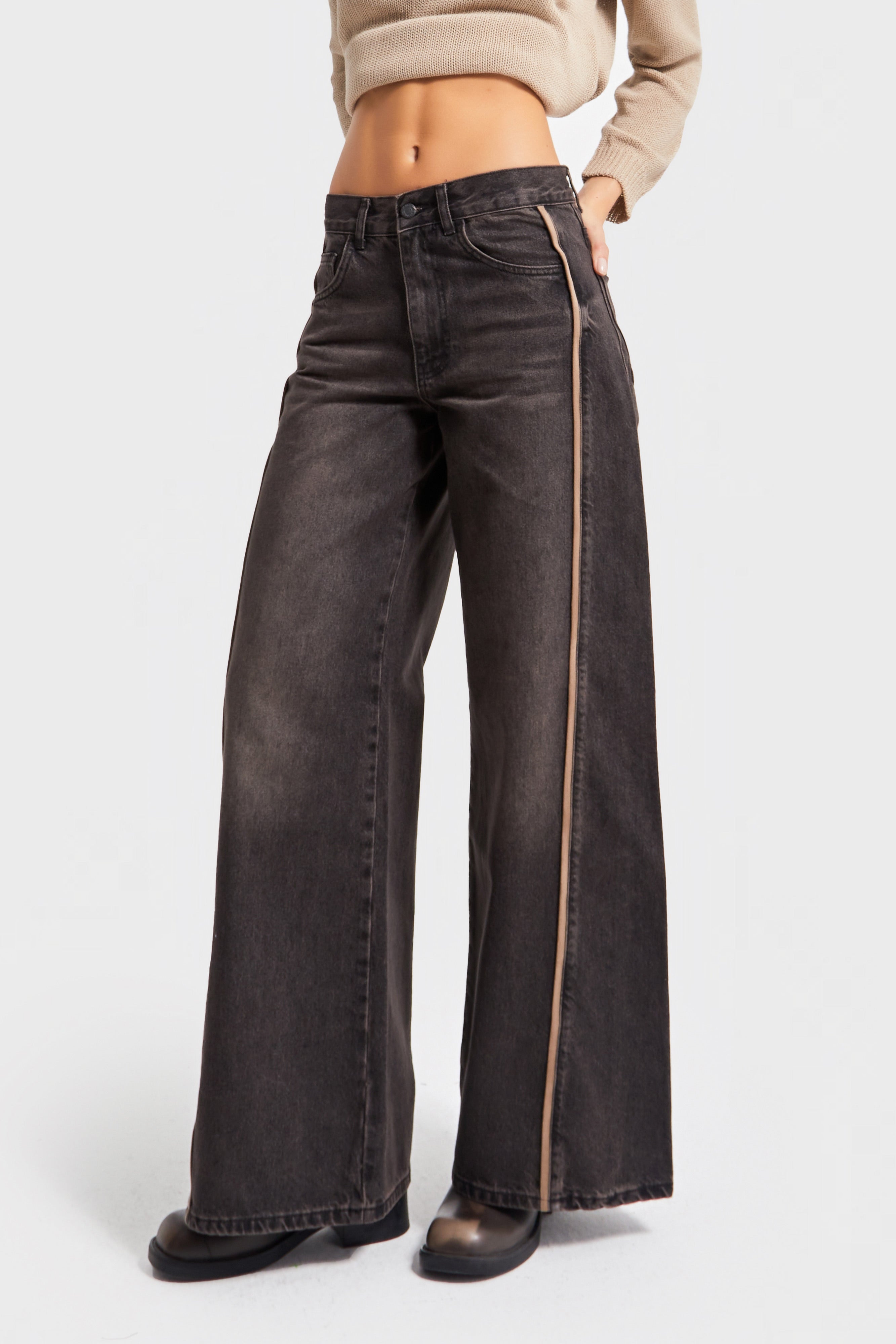 Kadın T.Kot Rengi 2w5-62 Palazzo Fit Yandan Şerit Detaylı Bol Kesim İç Boy 80cm Tasarım Denim Jean