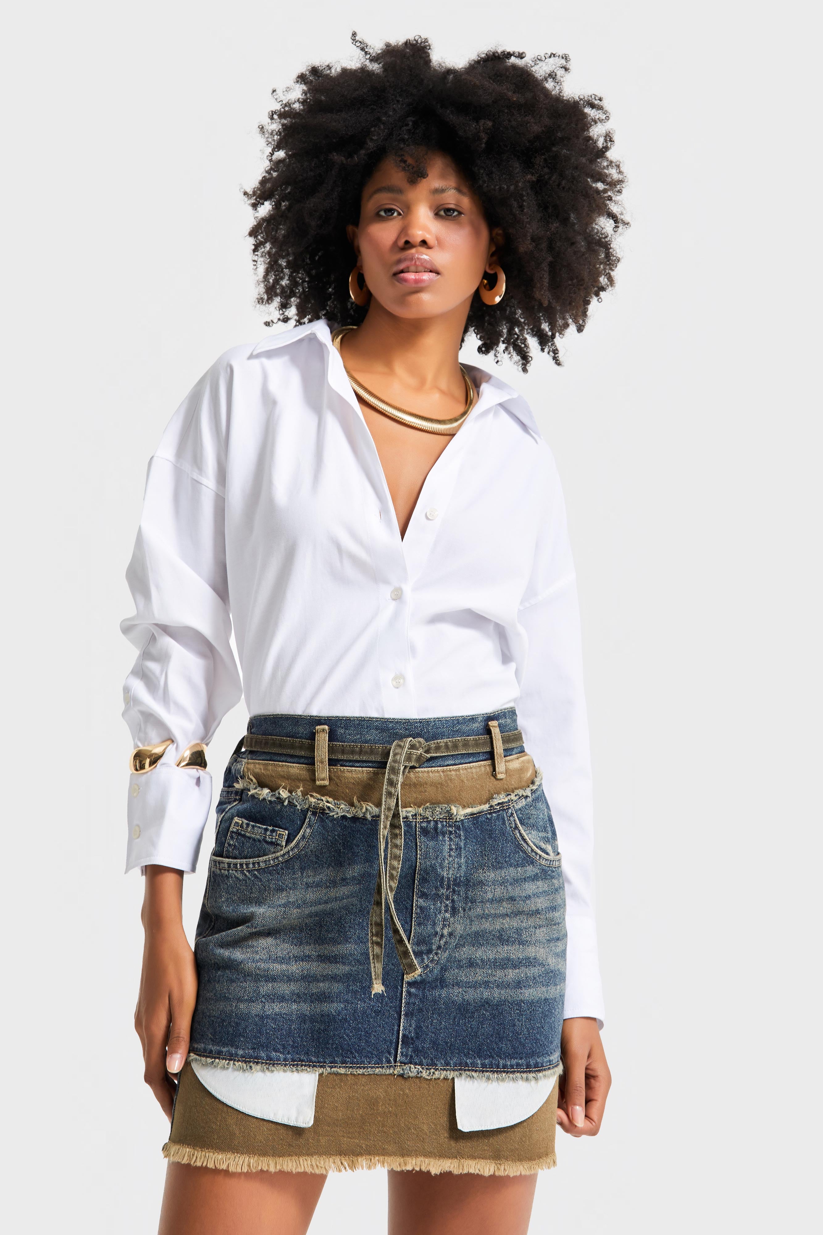 Kadın T.Kot Rengi 2w5-8 Çift Denim Parçalı Özel Tasarım Mini Denim Etek