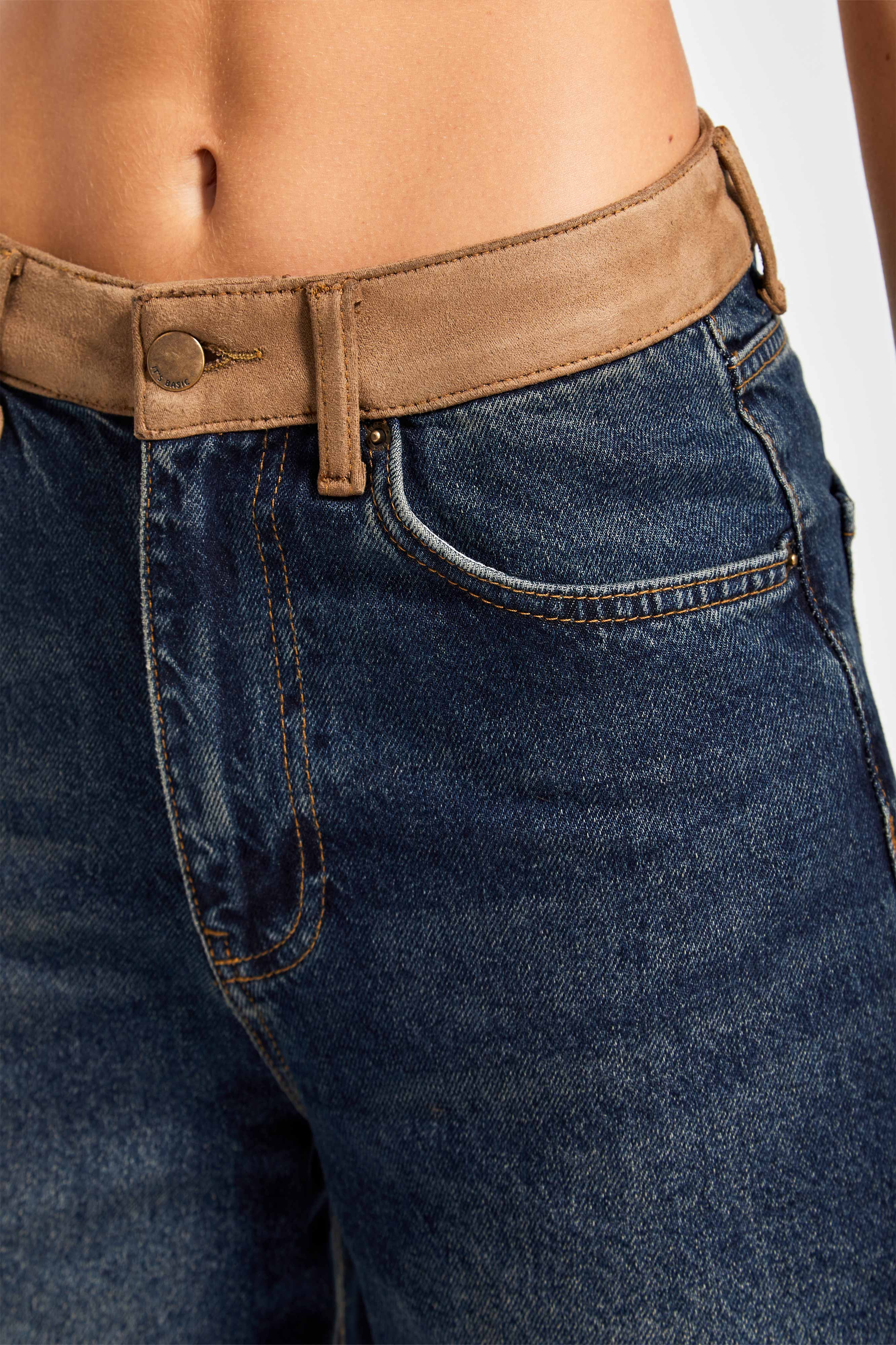 Kadın T.Kot Rengi 2w5-8 Mid Rise Wide Leg Fit Süet Kemer Detaylı İç Boy 83cm %100 Koton Denim Jean