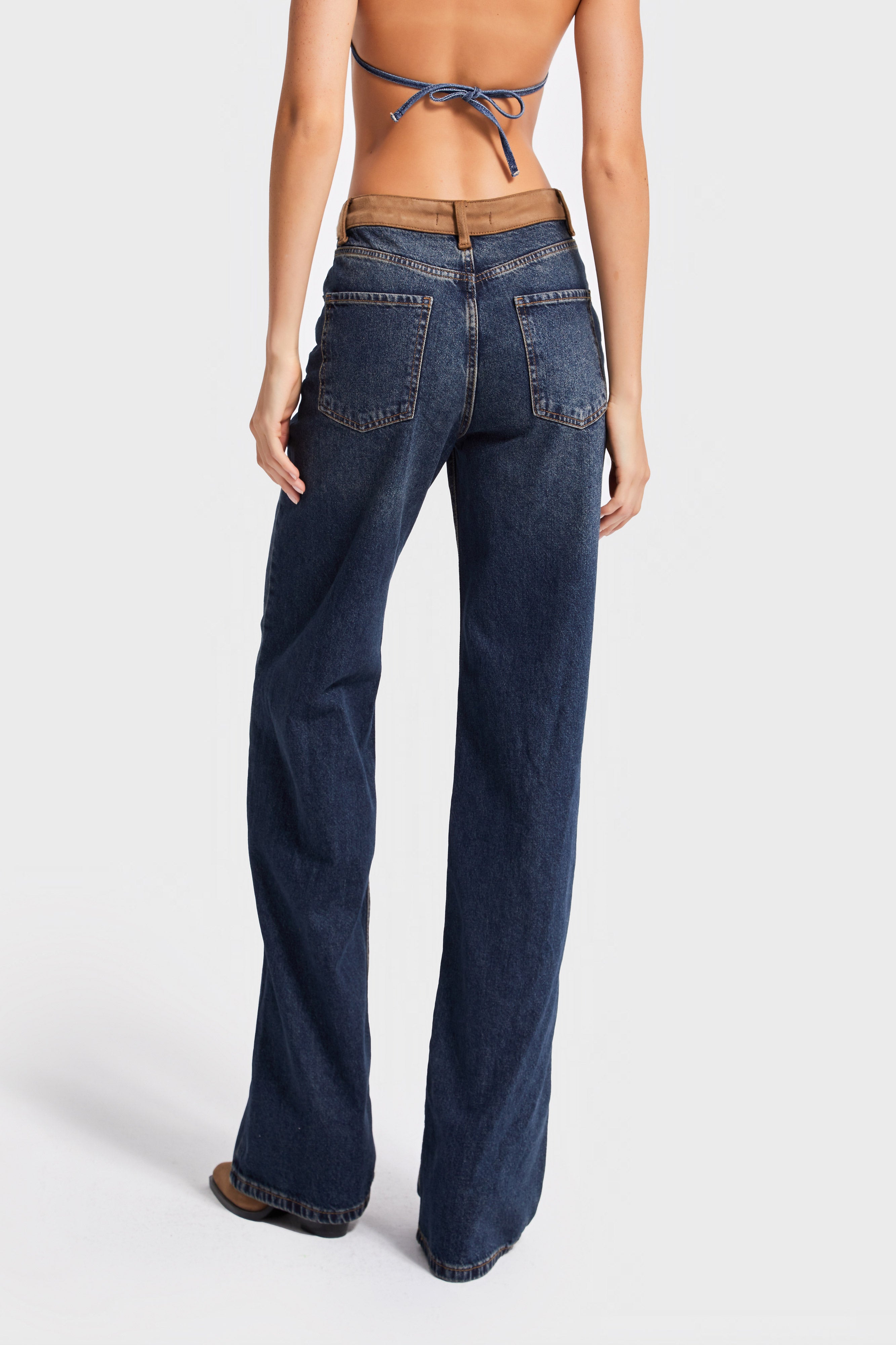 Kadın T.Kot Rengi 2w5-8 Mid Rise Wide Leg Fit Süet Kemer Detaylı İç Boy 83cm %100 Koton Denim Jean