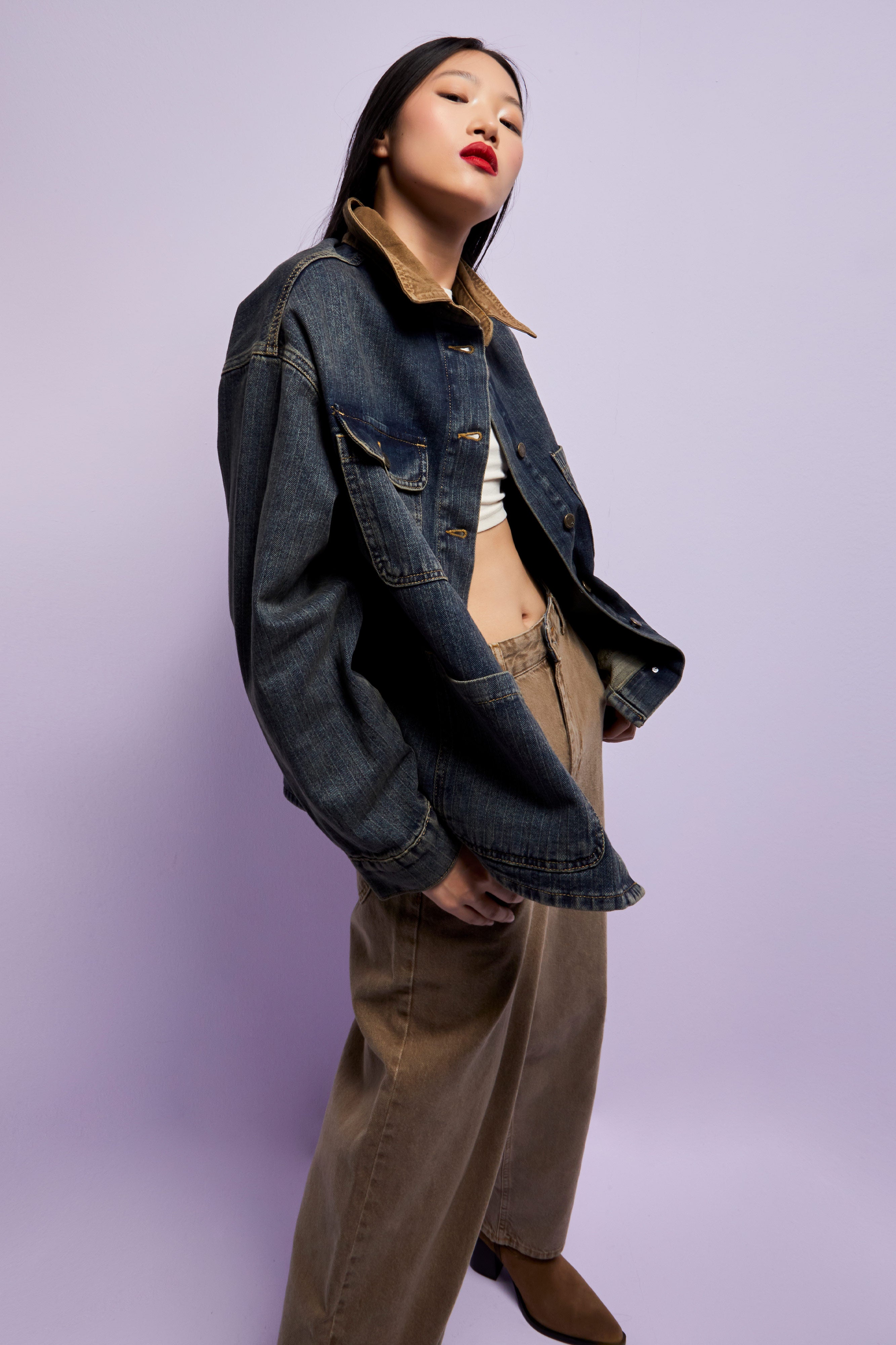 Kadın T.Kot Rengi 2w5-8 Oversize Önü Düğmeli Yaka Detaylı Tasarım Denim Ceket