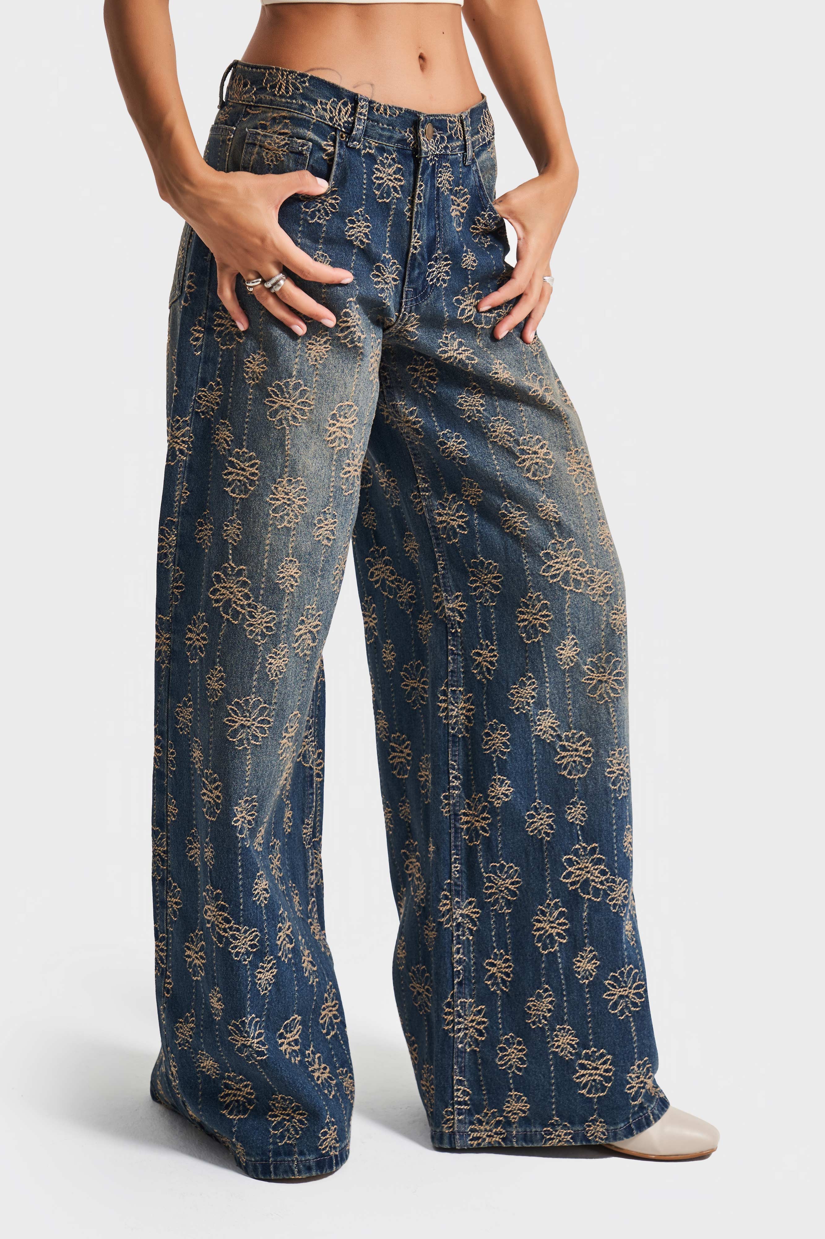 Kadın T.Kot Rengi 2w5-8 Palazzo Fit Nakış Özellikli Kumaş Tasarım Denim Jean
