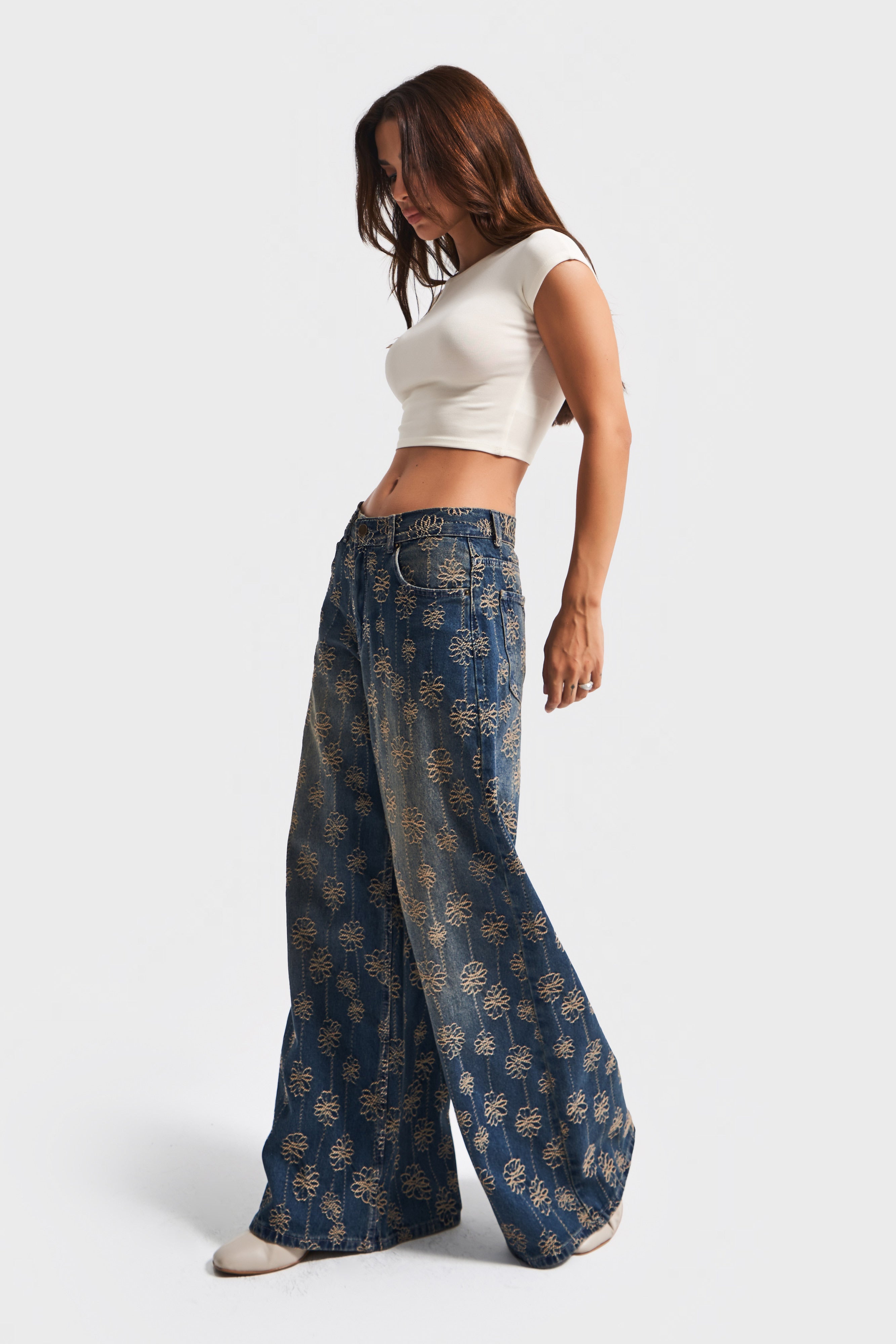 Kadın T.Kot Rengi 2w5-8 Palazzo Fit Nakış Özellikli Kumaş Tasarım Denim Jean