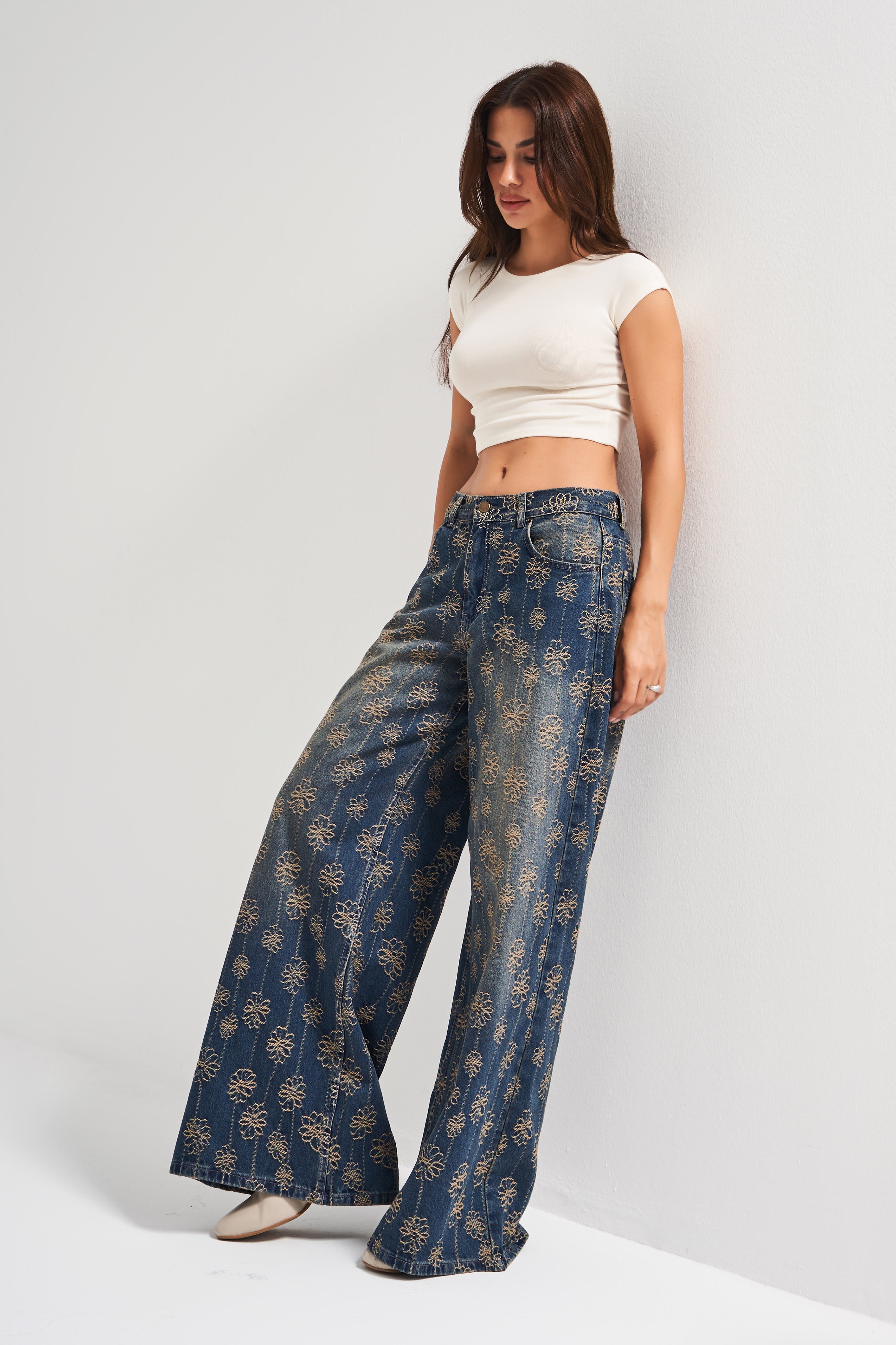 Kadın T.Kot Rengi 2w5-8 Palazzo Fit Nakış Özellikli Kumaş Tasarım Denim Jean
