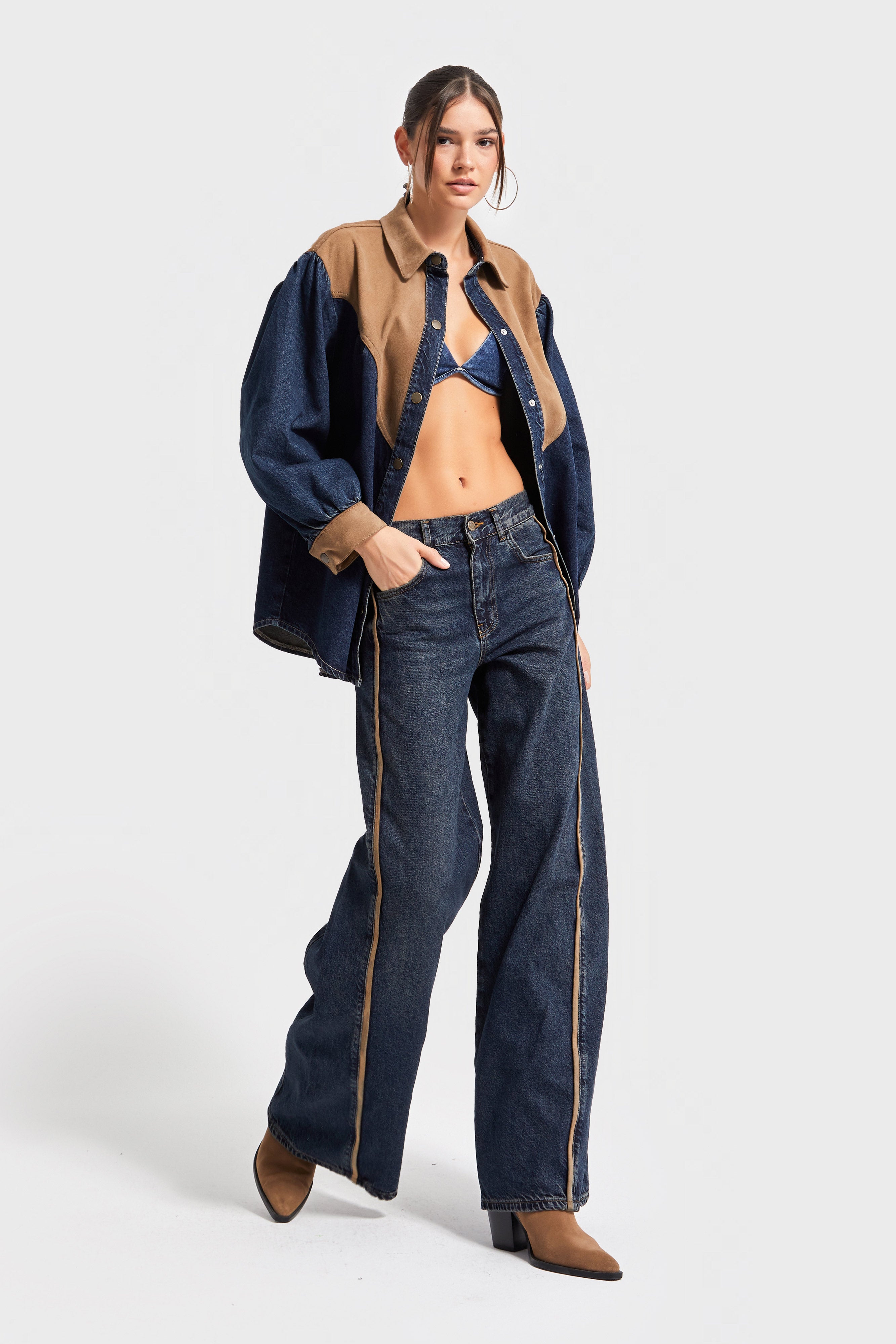 Kadın T.Kot Rengi 2w5-8 Palazzo Fit Yan Şerit Süet Detaylı İç Boy 80cm %100 Koton Denim Jean