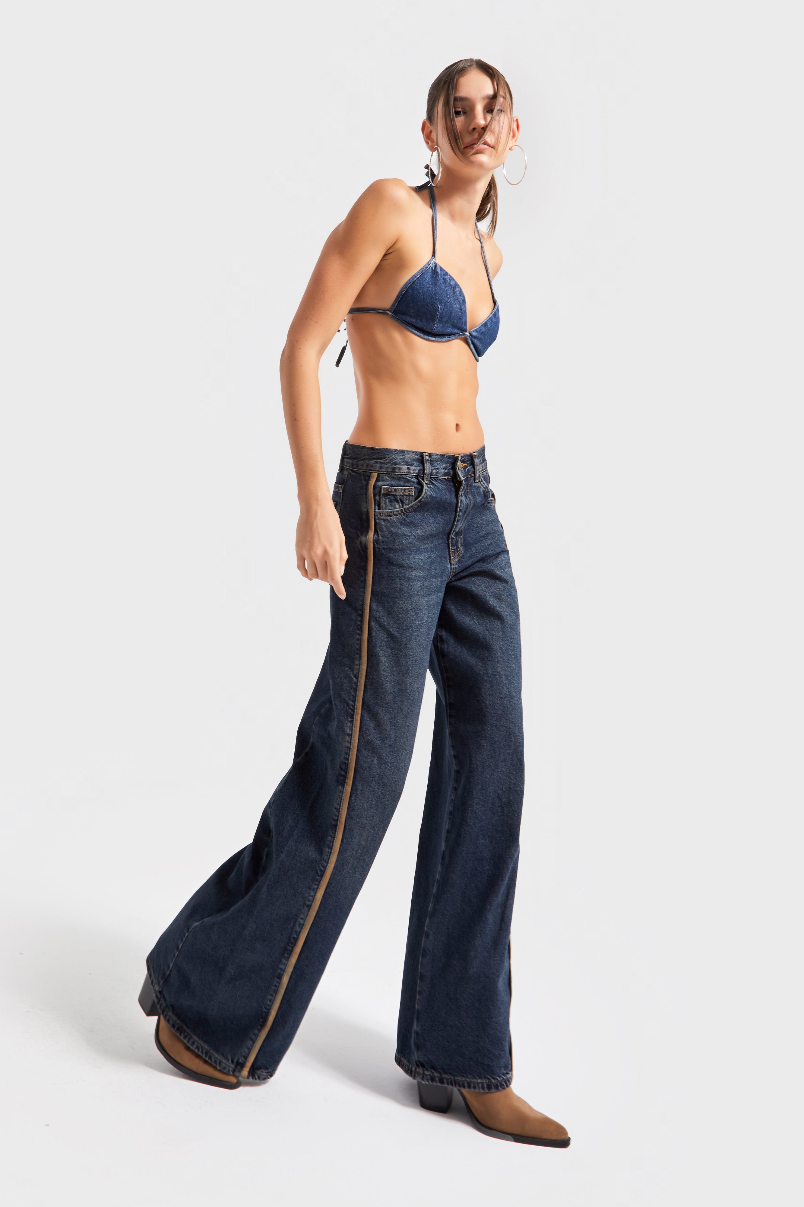 Kadın T.Kot Rengi 2w5-8 Palazzo Fit Yan Şerit Süet Detaylı İç Boy 80cm %100 Koton Denim Jean