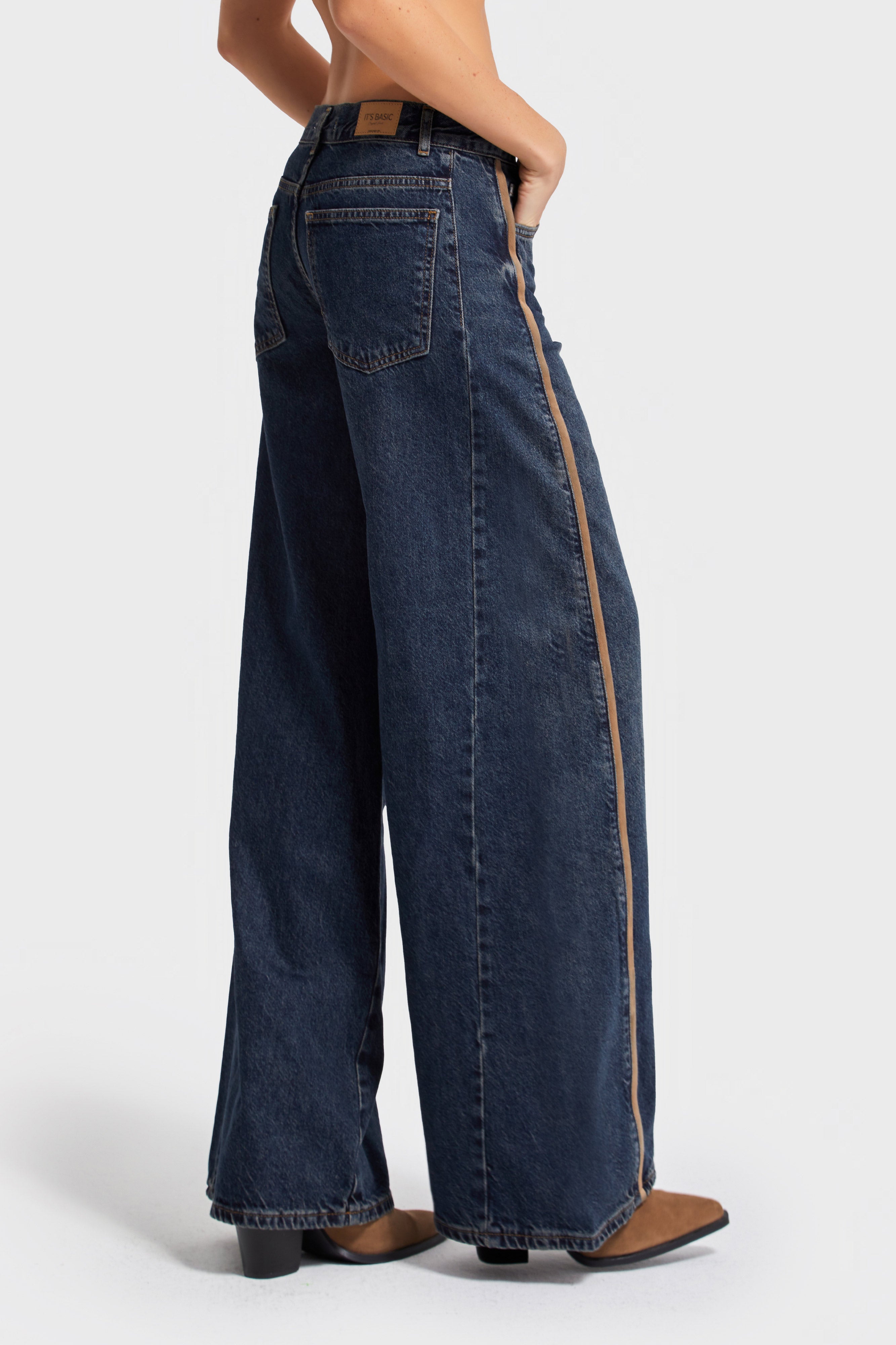Kadın T.Kot Rengi 2w5-8 Palazzo Fit Yan Şerit Süet Detaylı İç Boy 80cm %100 Koton Denim Jean