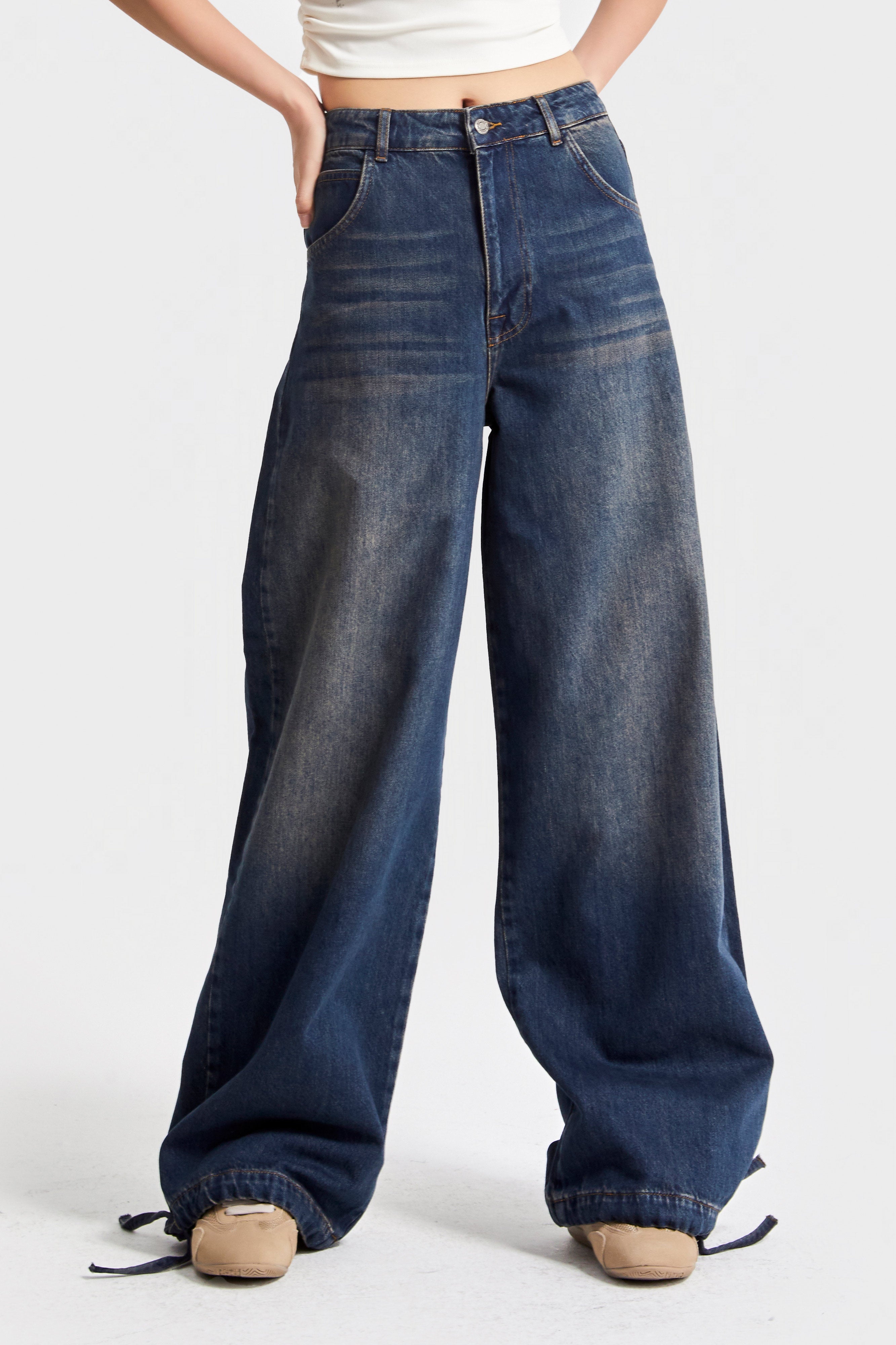 Kadın T.Kot Rengi 2w5-8 Straight Palazzo Fit Paçası Bağcıklı Süper Bol Kesim %100 Koton Denim Jean
