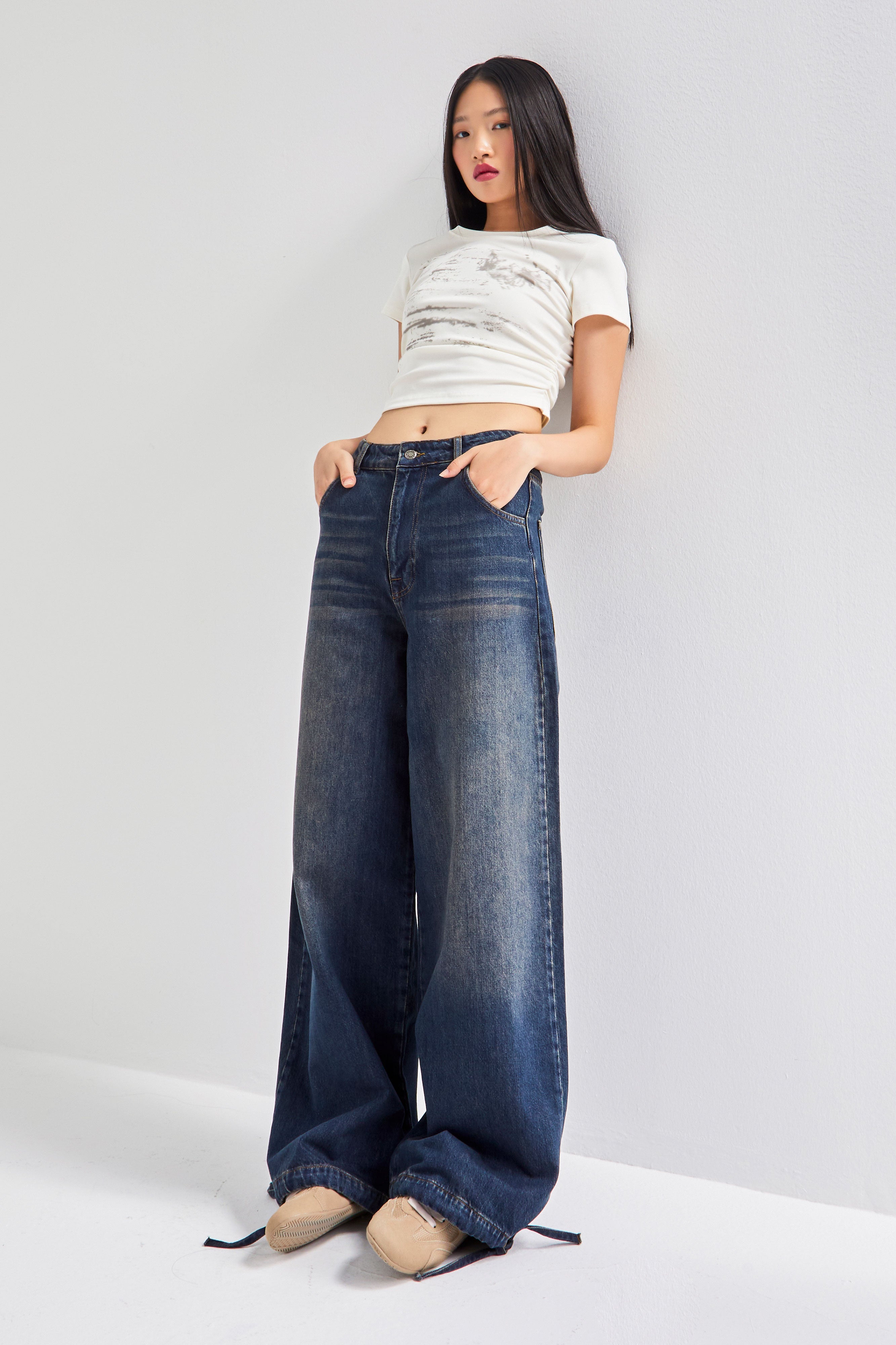 Kadın T.Kot Rengi 2w5-8 Straight Palazzo Fit Paçası Bağcıklı Süper Bol Kesim %100 Koton Denim Jean