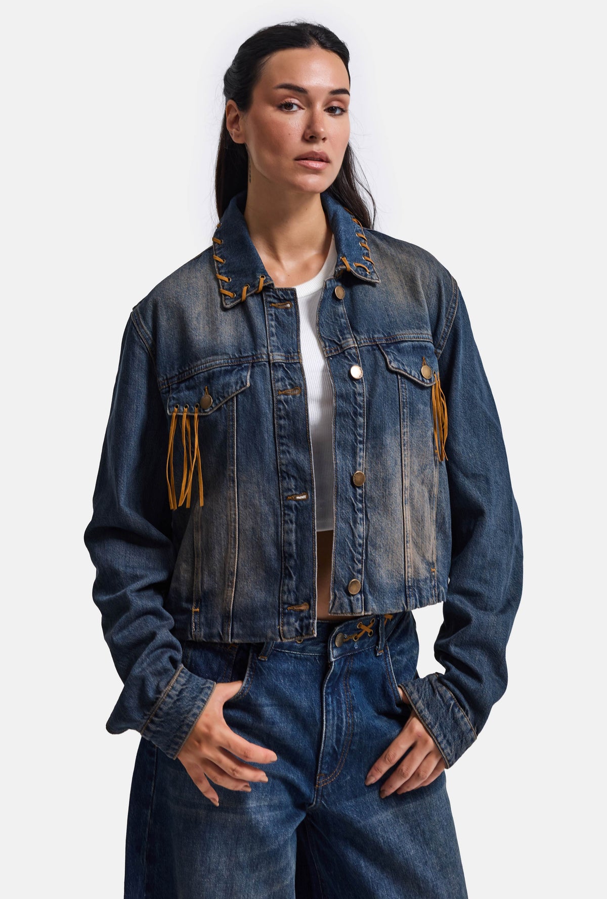 Kadın T.Kot Rengi 2w6-8 Kemer Boy Süet Detaylı Tasarım Denim Ceket