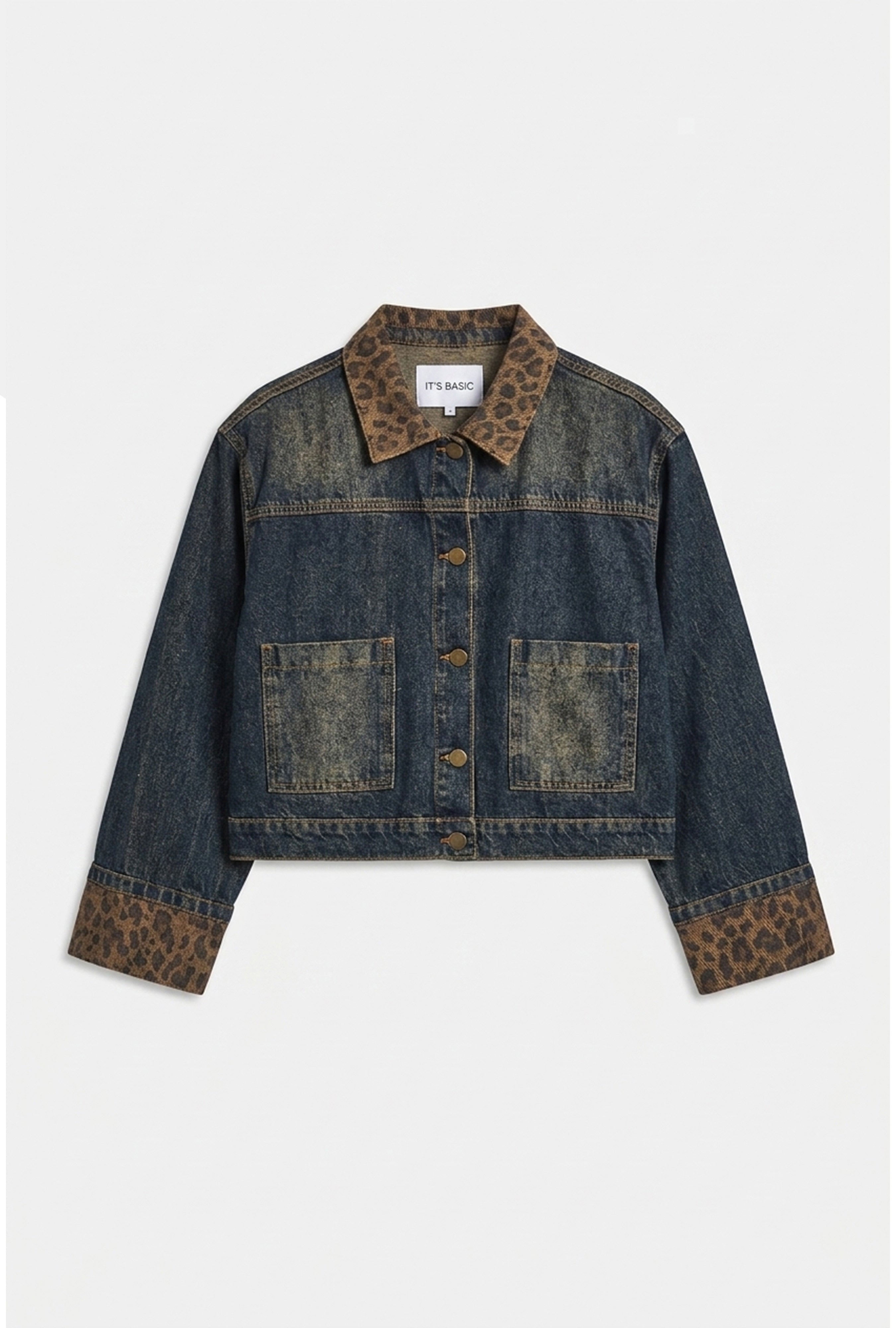 Kadın T.Kot Rengi 2w6-8 Oversize Kemer Boy Leopar Detaylı Tasarım Denim Ceket