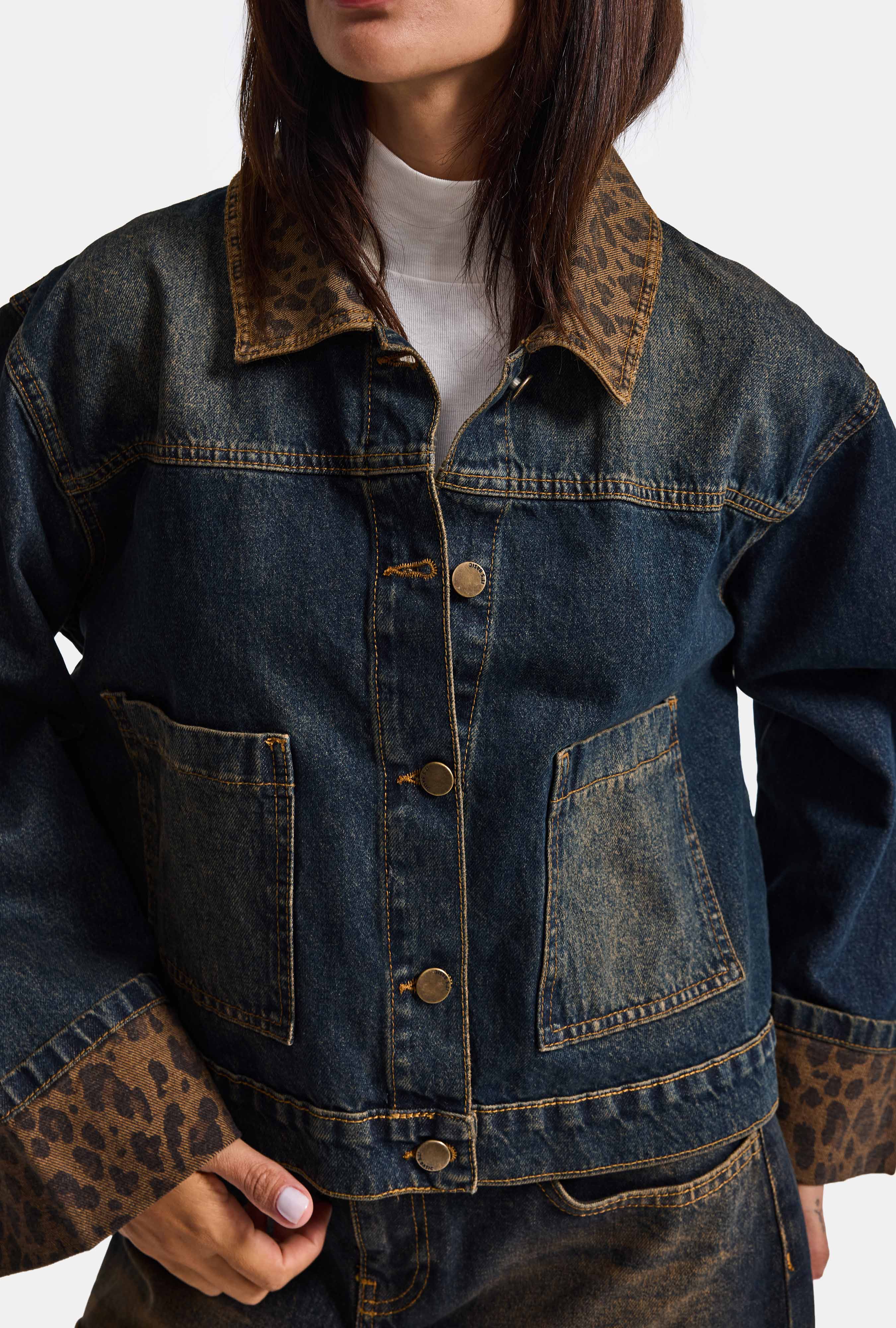 Kadın T.Kot Rengi 2w6-8 Oversize Kemer Boy Leopar Detaylı Tasarım Denim Ceket