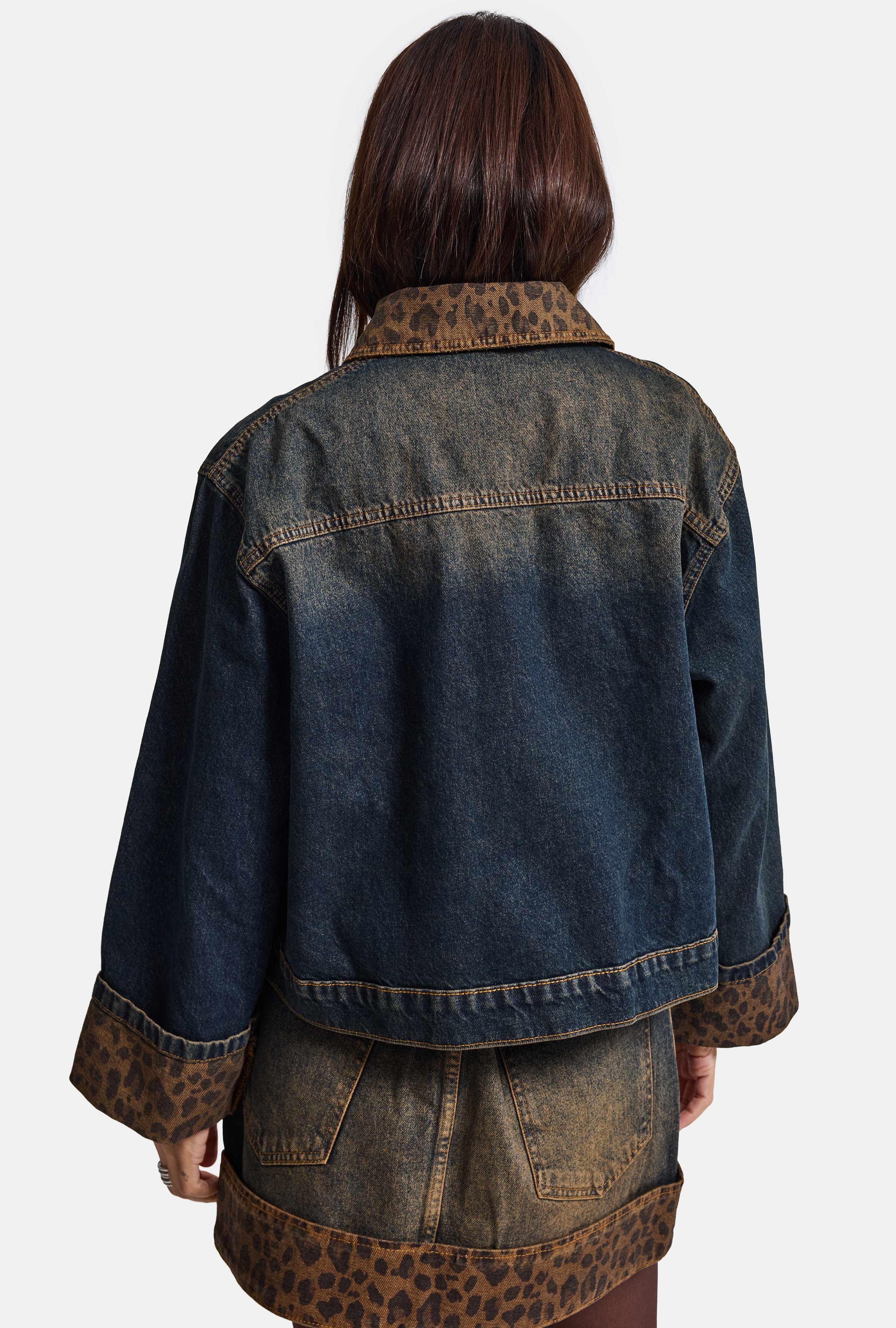 Kadın T.Kot Rengi 2w6-8 Oversize Kemer Boy Leopar Detaylı Tasarım Denim Ceket