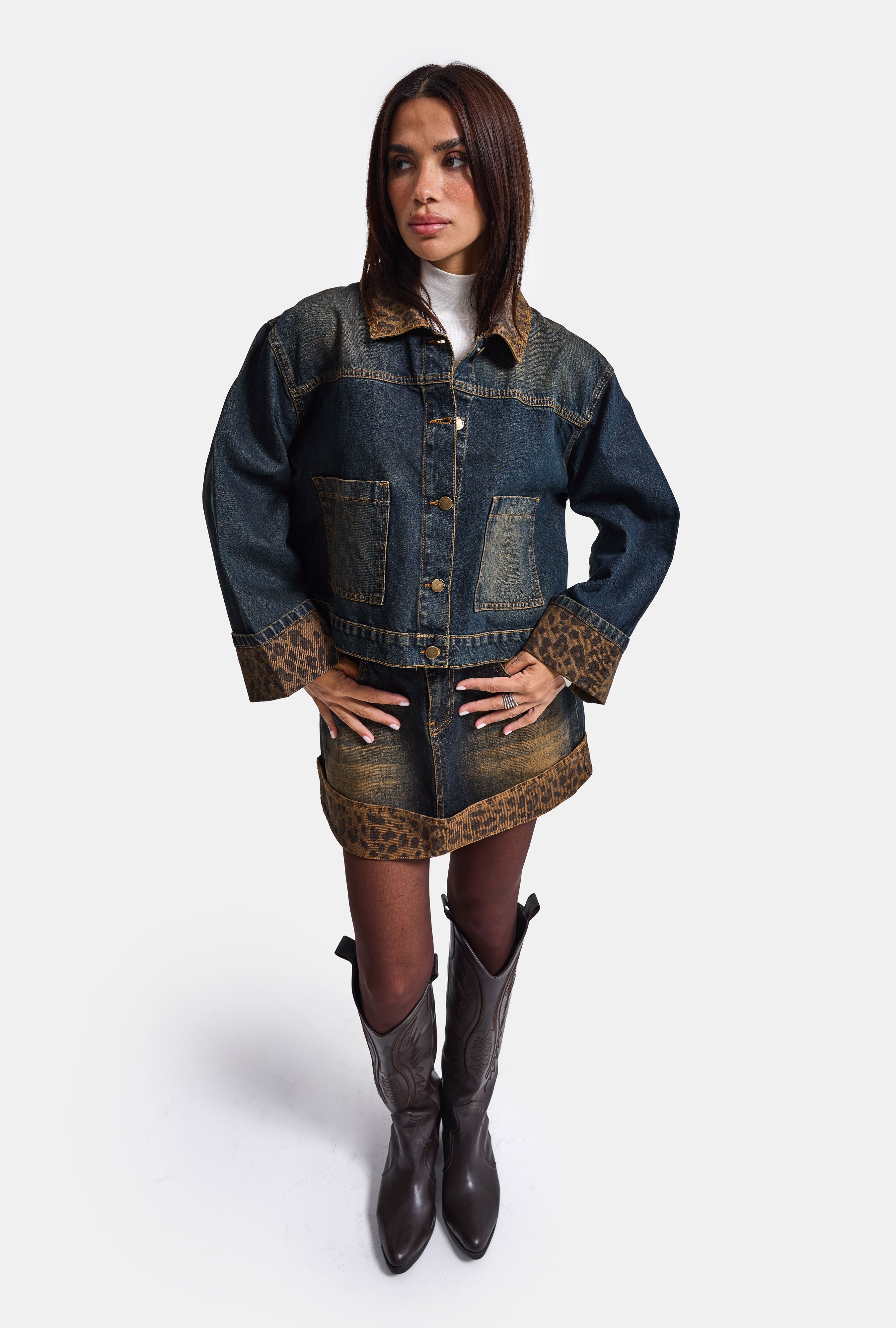 Kadın T.Kot Rengi 2w6-8 Oversize Kemer Boy Leopar Detaylı Tasarım Denim Ceket