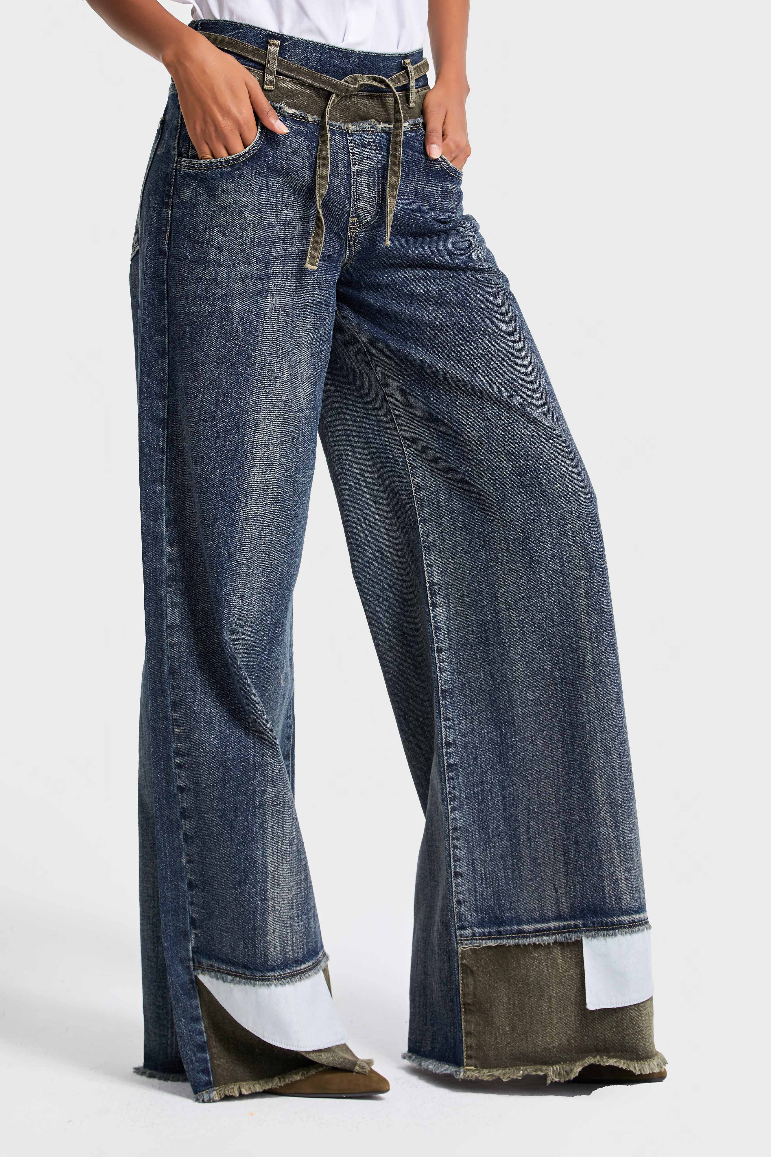 Kadın T.Kot Rengi 35w5-8 Palazzo Fit Paça ve Kemer Detaylı İç Boy 83cm Özel Tasarım Denim Jean