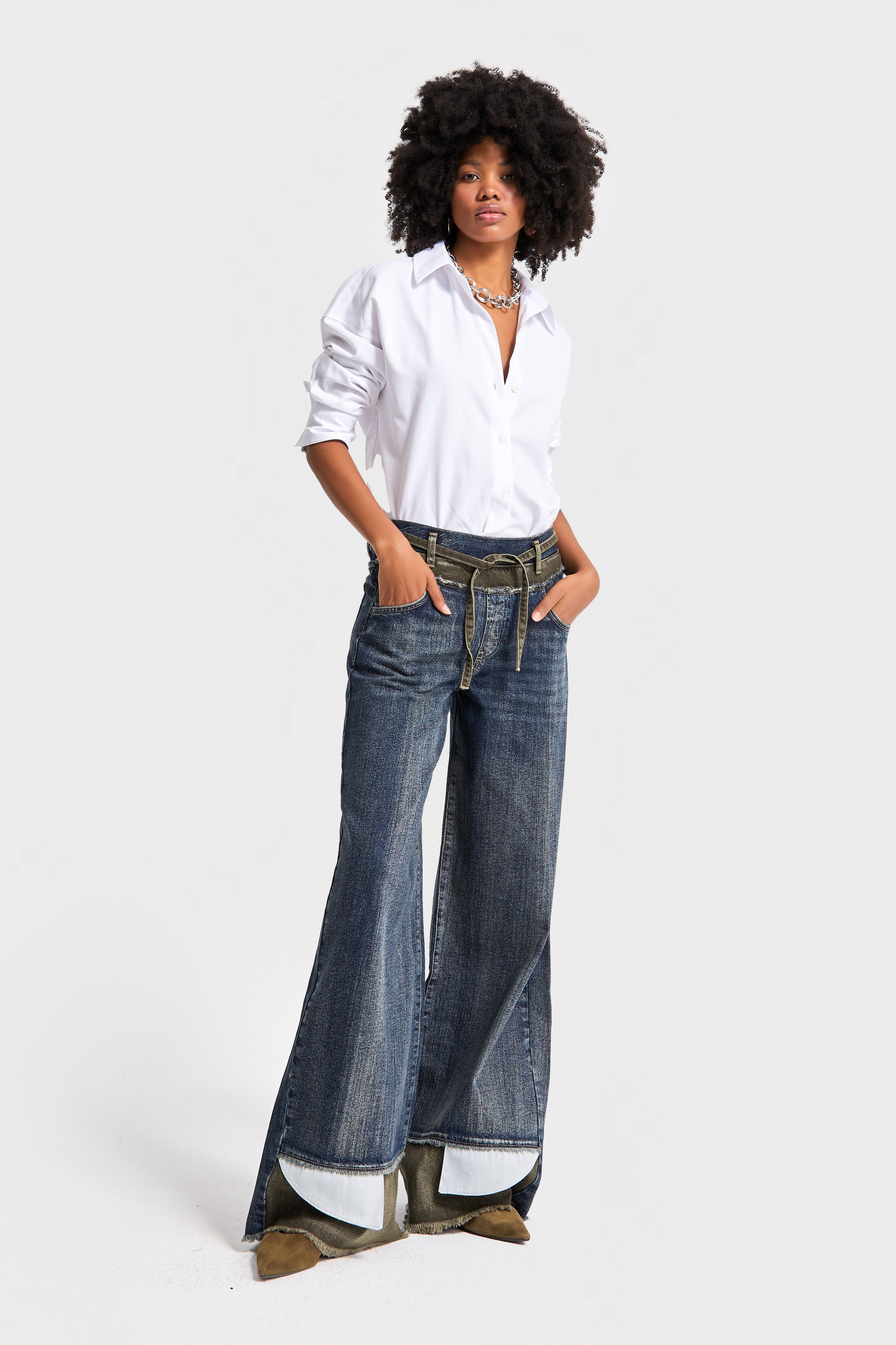 Kadın T.Kot Rengi 35w5-8 Palazzo Fit Paça ve Kemer Detaylı İç Boy 83cm Özel Tasarım Denim Jean
