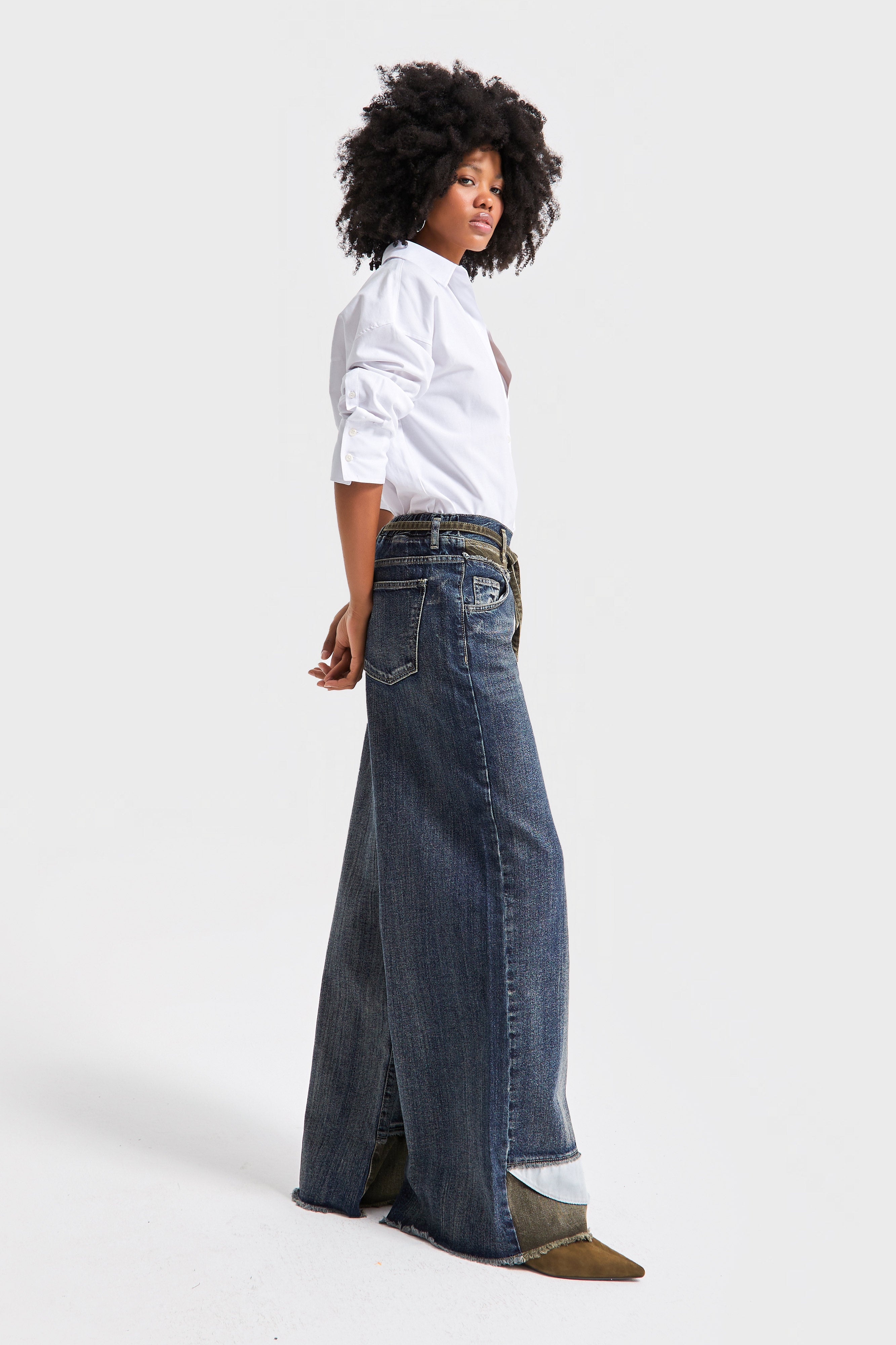 Kadın T.Kot Rengi 35w5-8 Palazzo Fit Paça ve Kemer Detaylı İç Boy 83cm Özel Tasarım Denim Jean