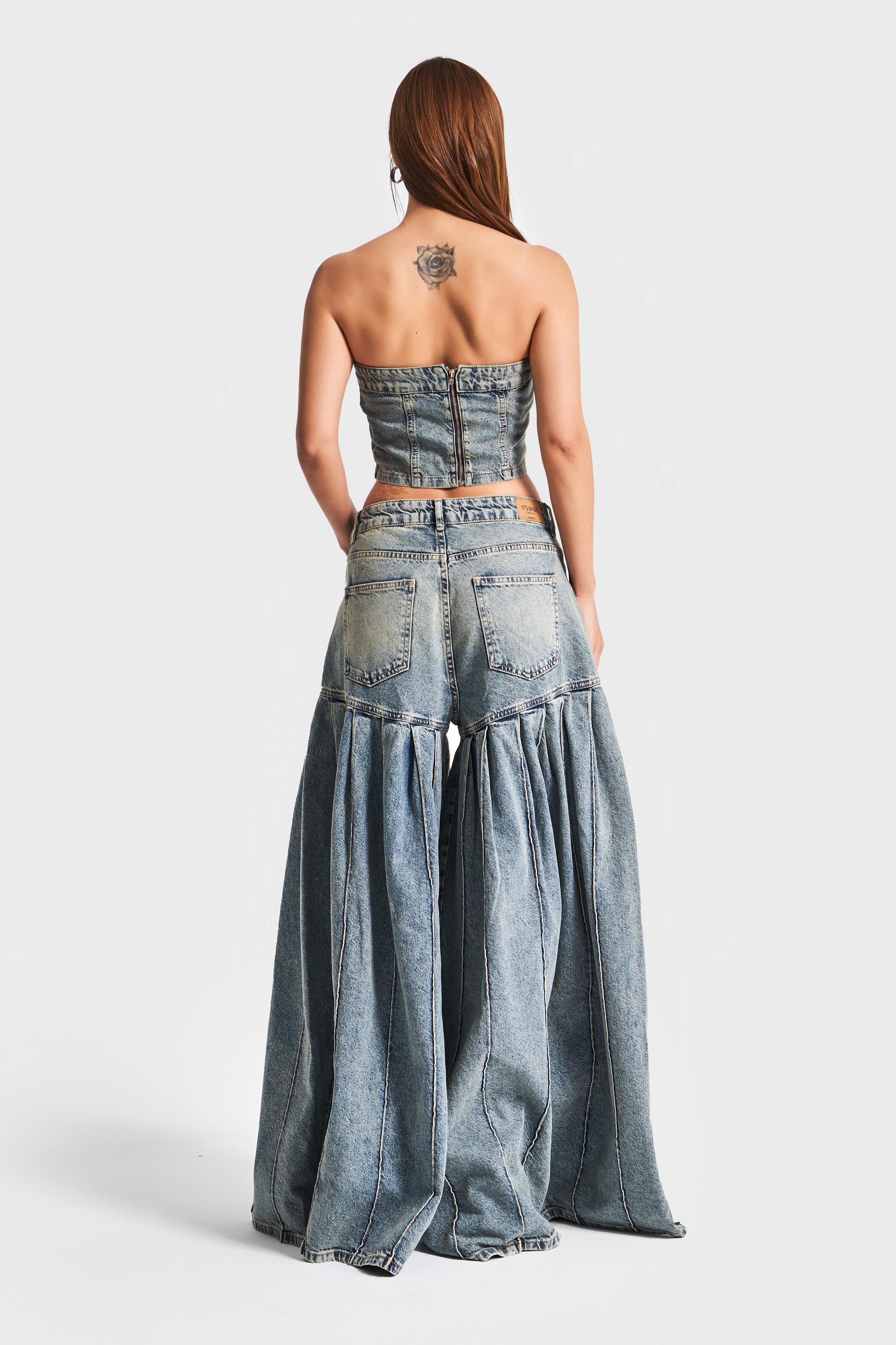 Kadın T.Kot Rengi 3S5-75 Bağcık Detaylı %100 Koton Tasarım Denim Büstiyer