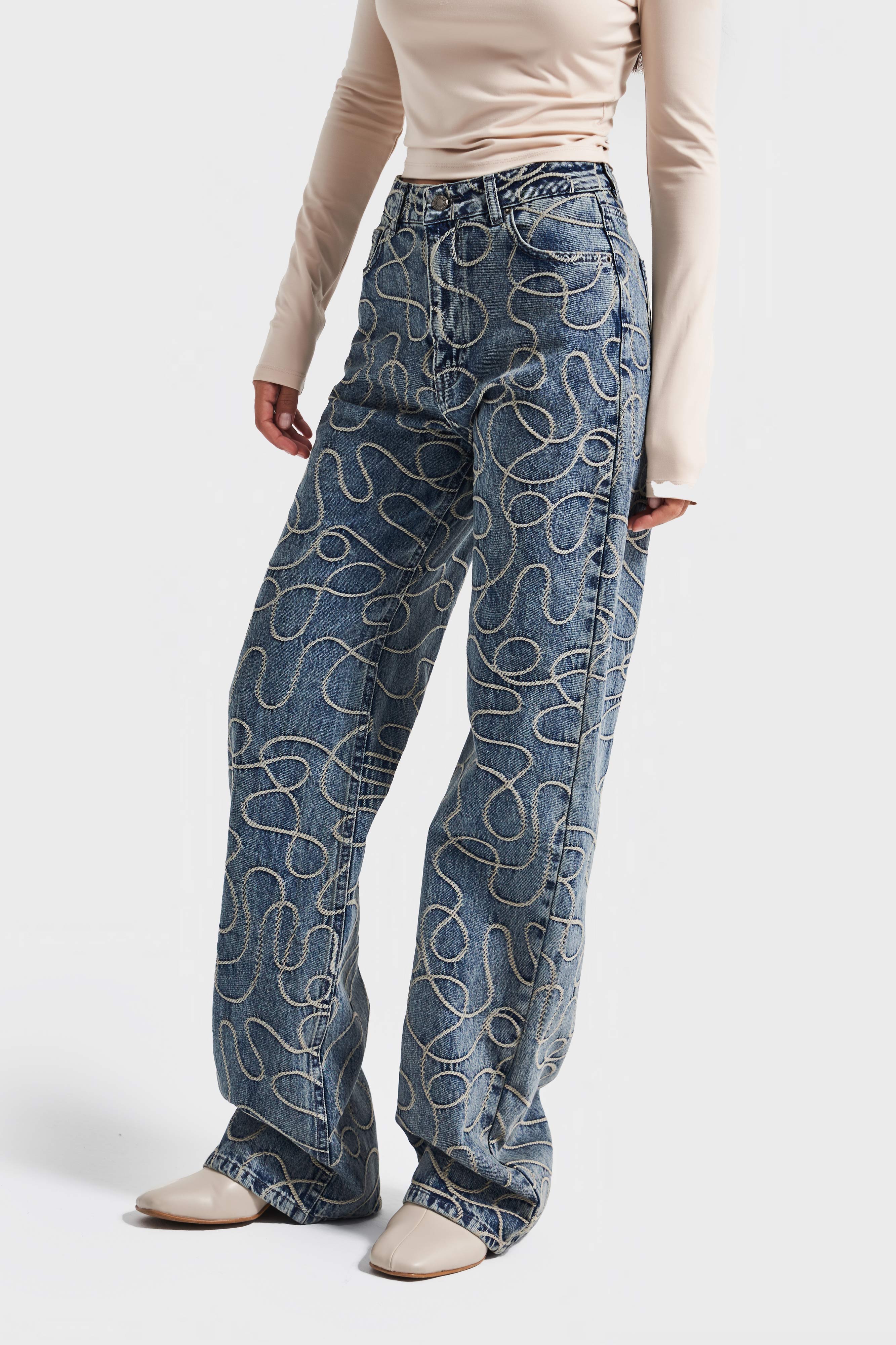 Kadın T.Kot Rengi 3w5-32 Straight Fit Yüksek Bel Nakış Özellikli Kumaş Tasarım Denim Jean
