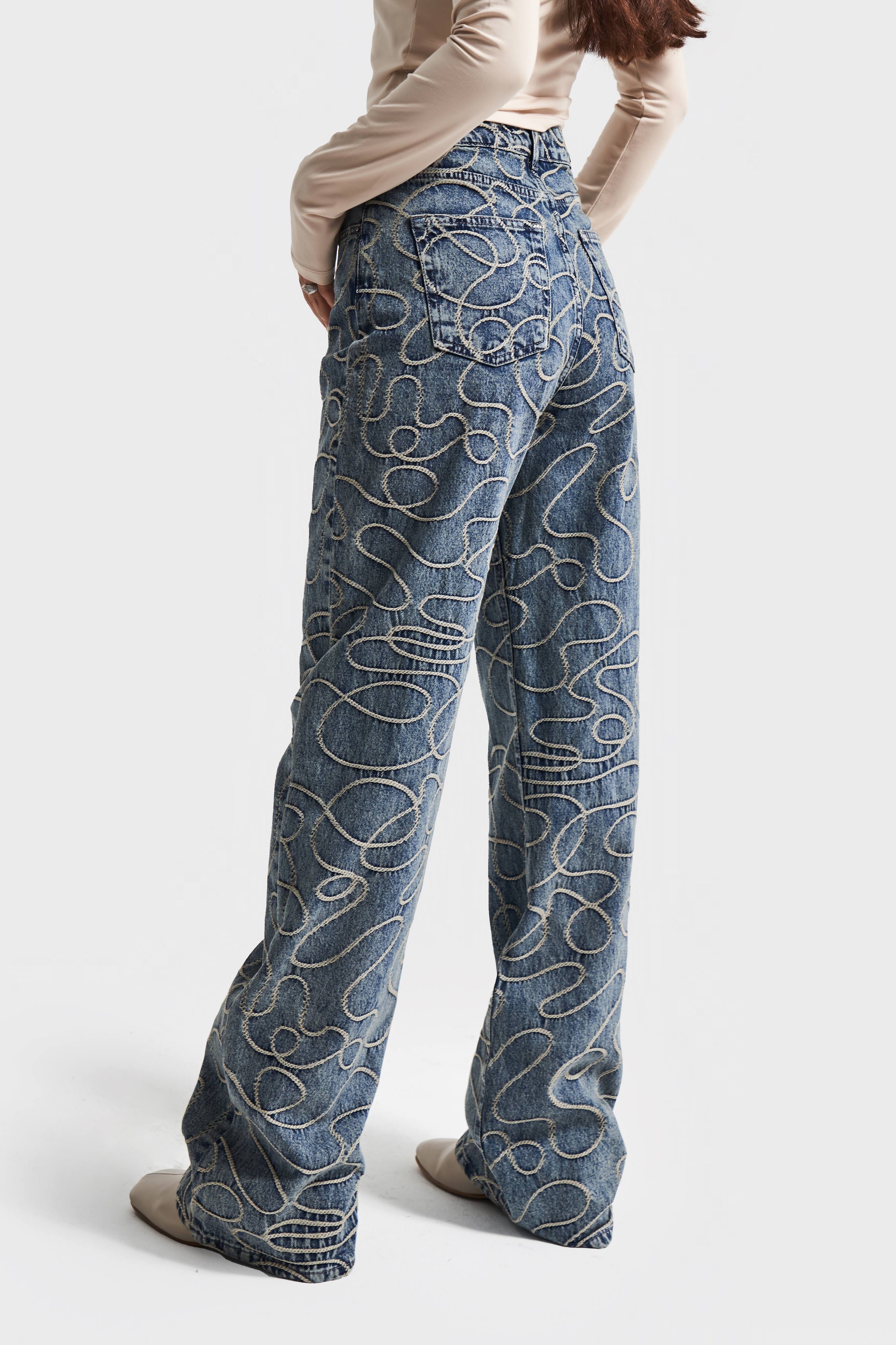 Kadın T.Kot Rengi 3w5-32 Straight Fit Yüksek Bel Nakış Özellikli Kumaş Tasarım Denim Jean