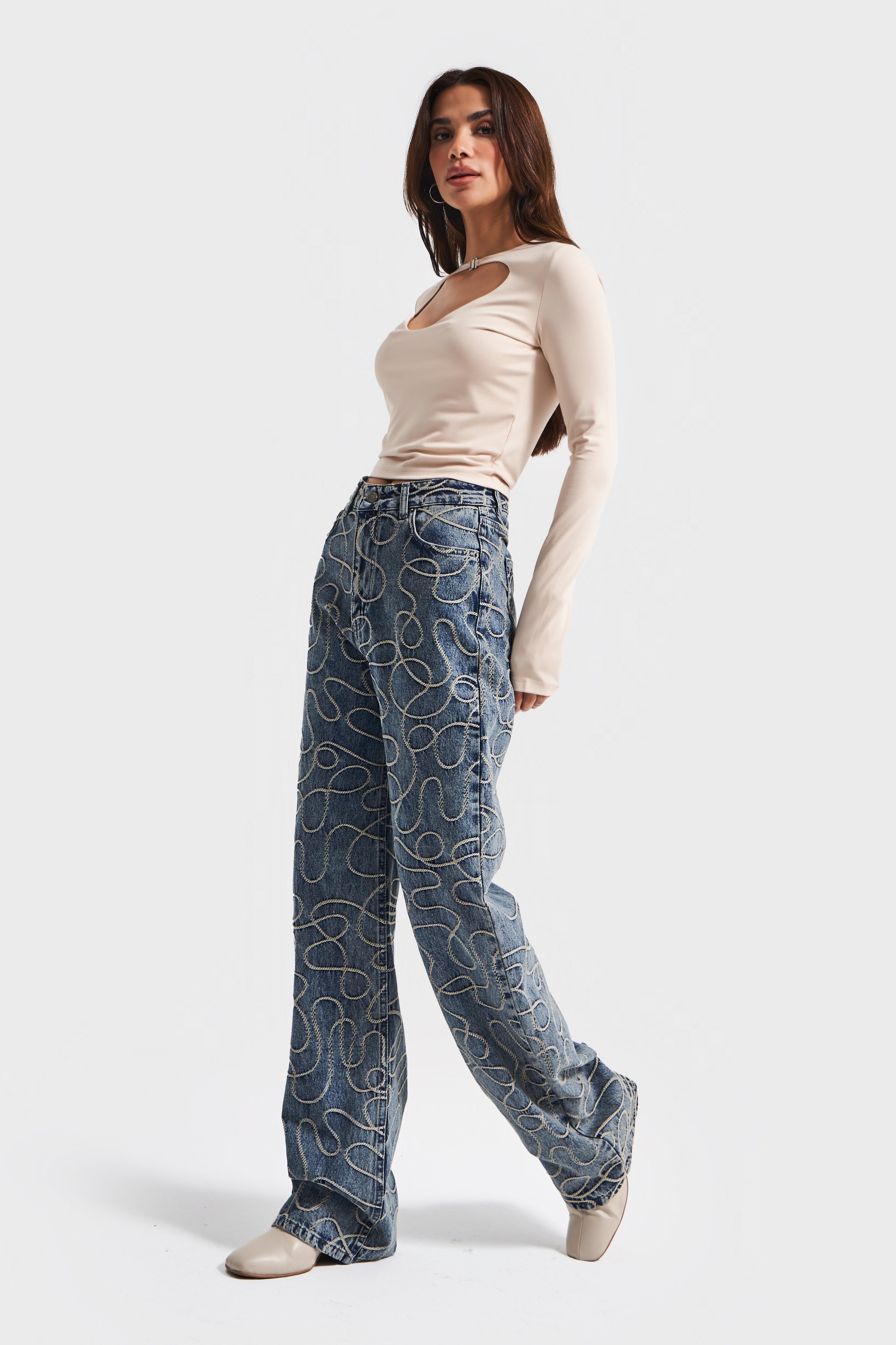 Kadın T.Kot Rengi 3w5-32 Straight Fit Yüksek Bel Nakış Özellikli Kumaş Tasarım Denim Jean