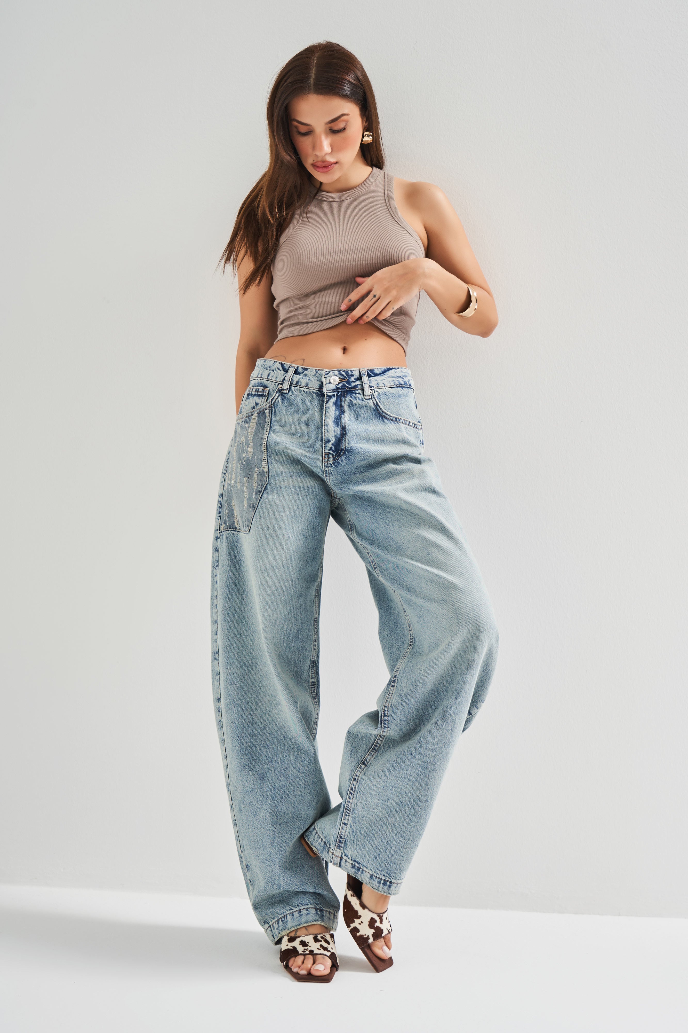 Kadın T.Kot Rengi 4S5-31 Baggy Balon Fit  Cep Detaylı %100 Koton Bol Kesim Denim Jean