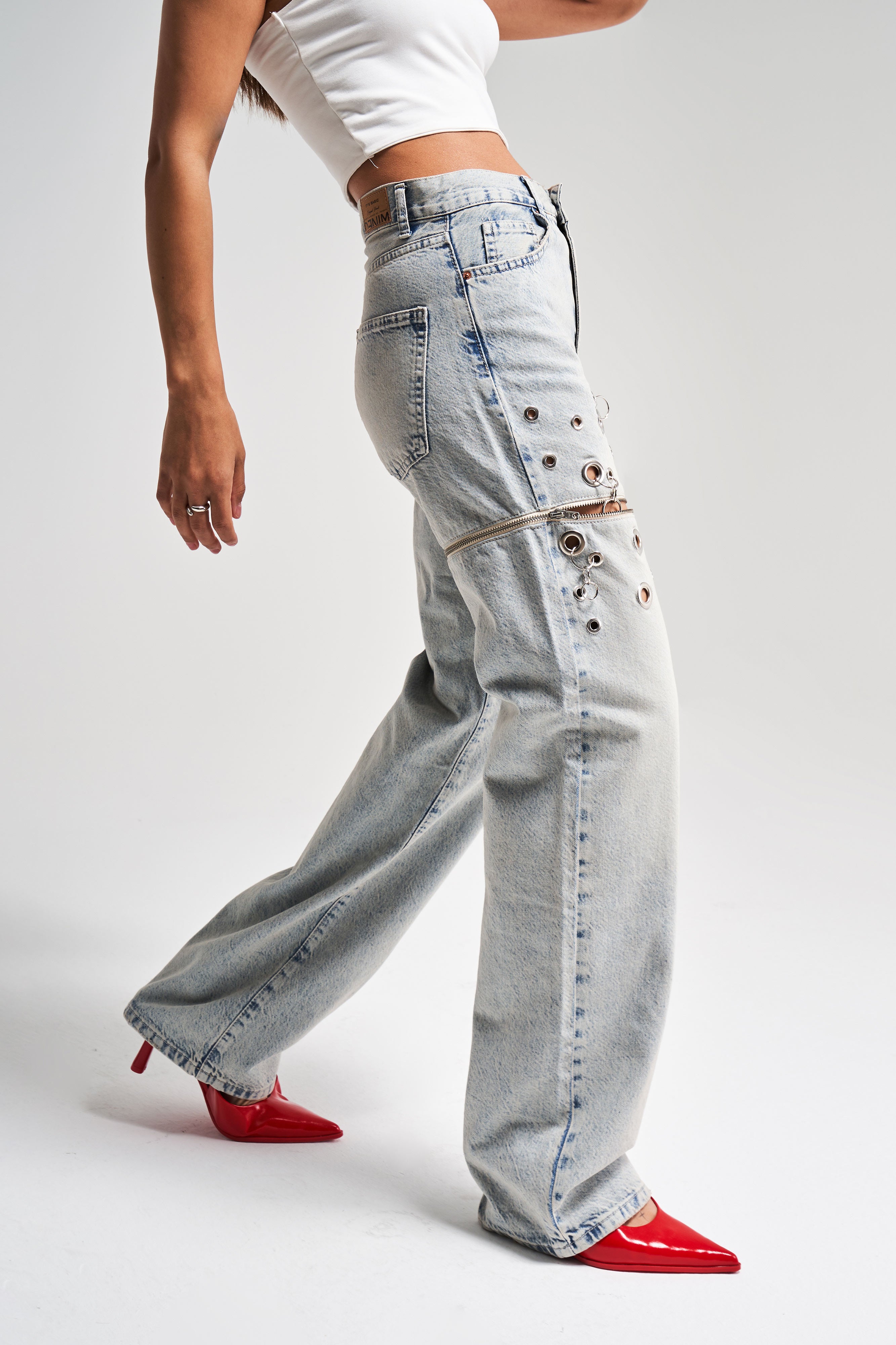 Kadın T.Kot Rengi 4s5-67 Kuş Gözü Detaylı Loose Fit Tek Paça Çıkarılabilir Tasarım Denim Jean