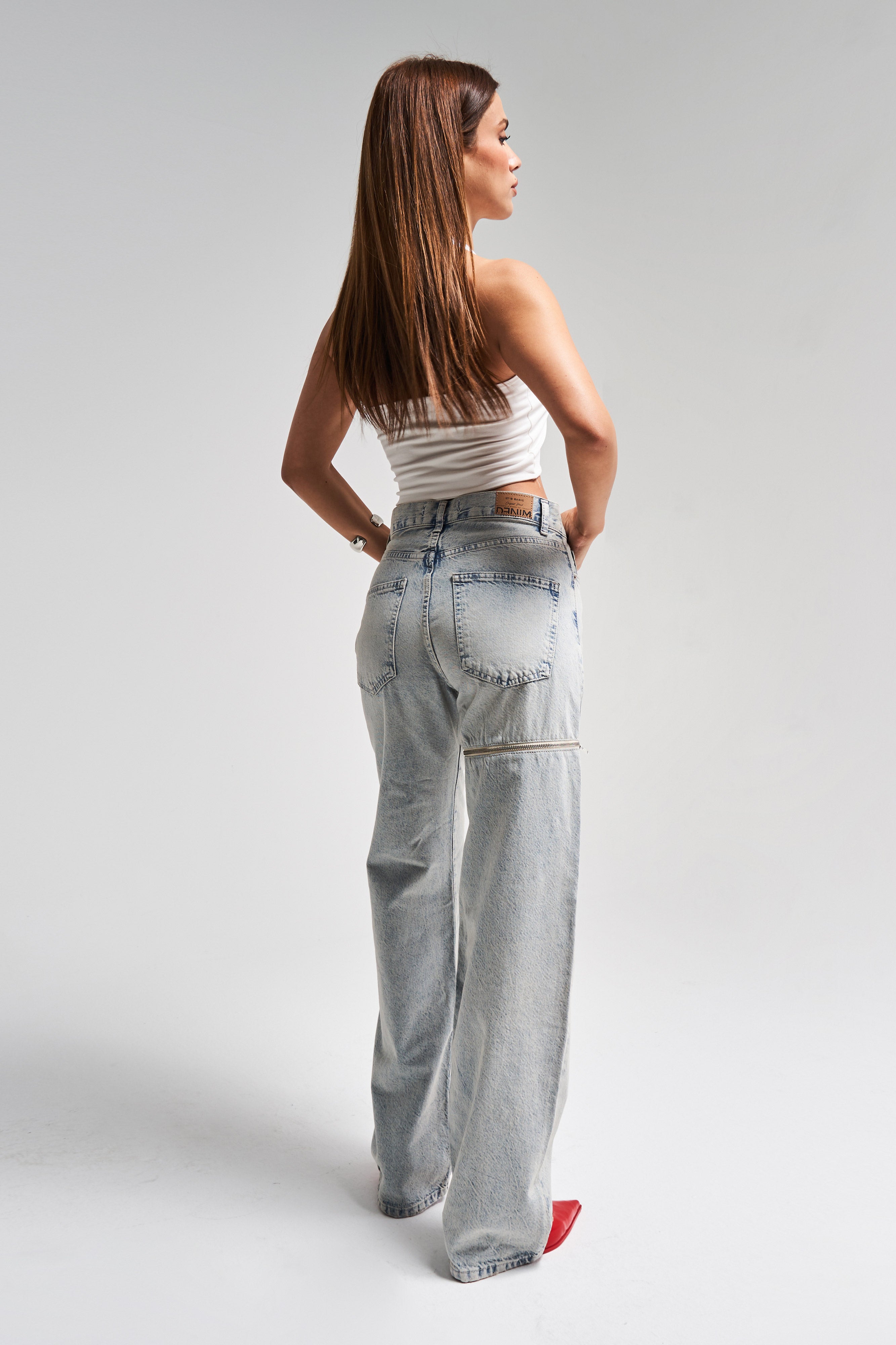 Kadın T.Kot Rengi 4s5-67 Kuş Gözü Detaylı Loose Fit Tek Paça Çıkarılabilir Tasarım Denim Jean