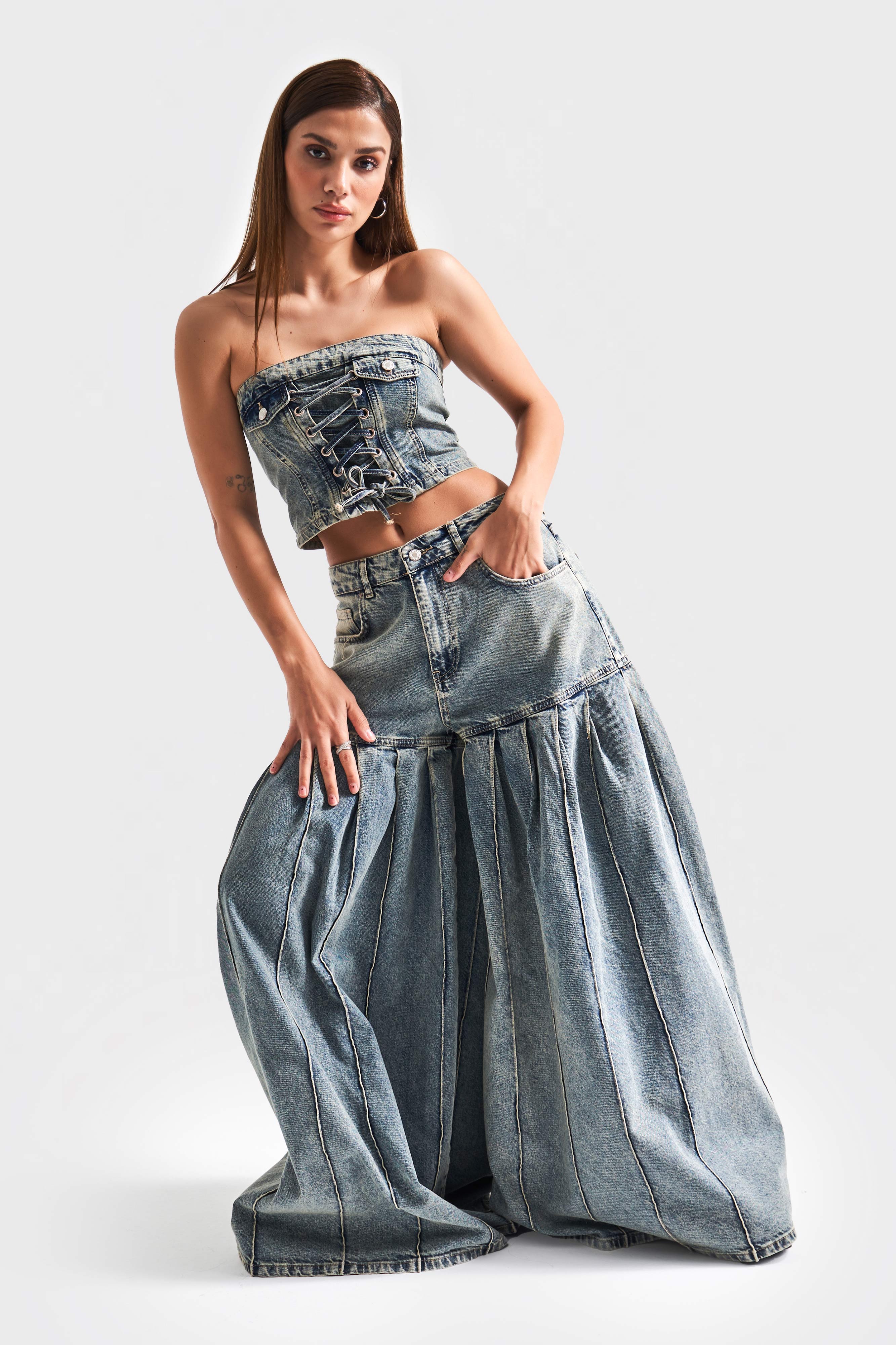 Kadın T.Kot Rengi 4S5-75 Süper Bol Kesim Elaphant Leg %100 Koton Tasarım Denim Jean
