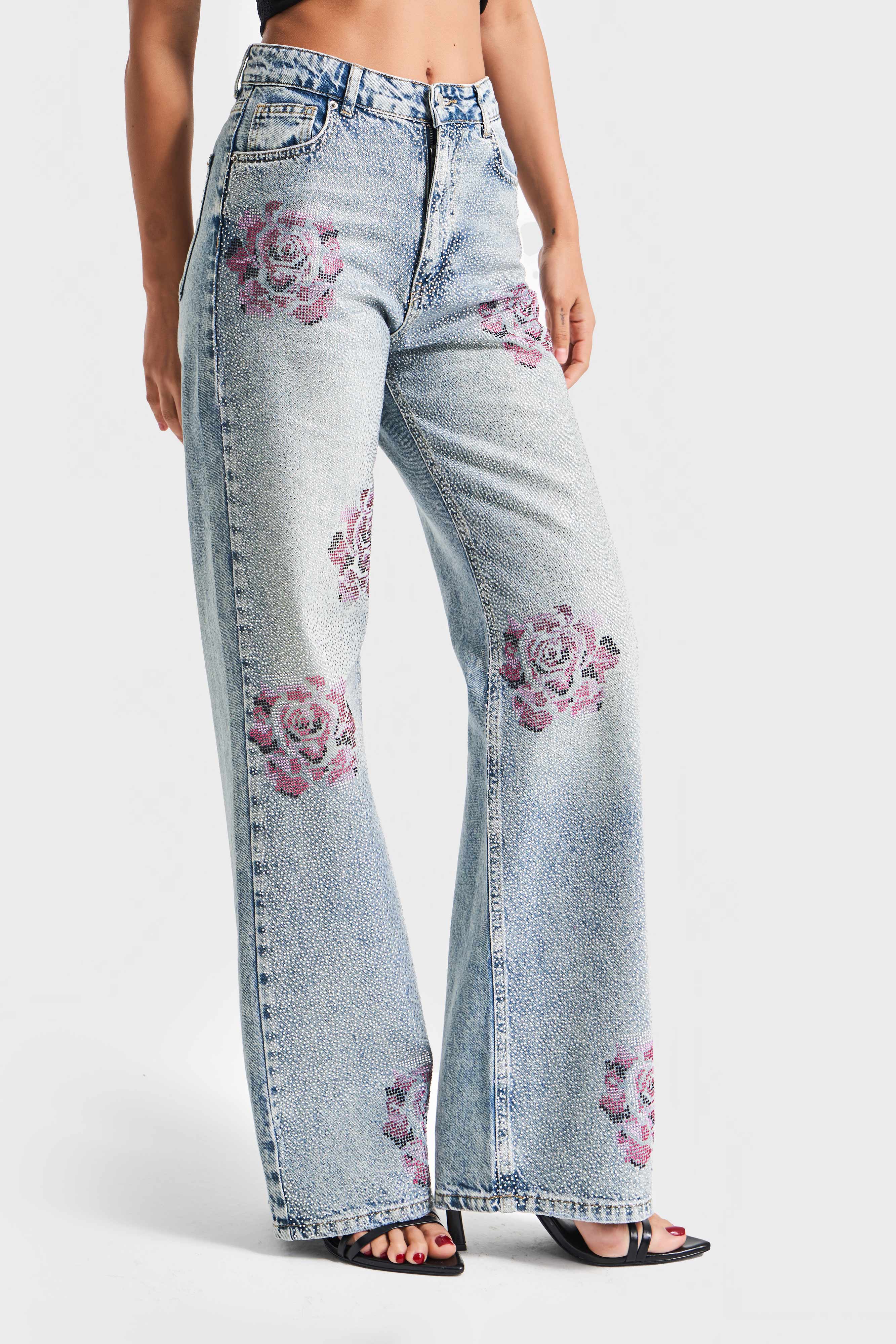 Kadın T.Kot Rengi 4s5-80 Straight Fit Parlak Taşlı Gül Detaylı %100 Koton Tasarım Denim Jean
