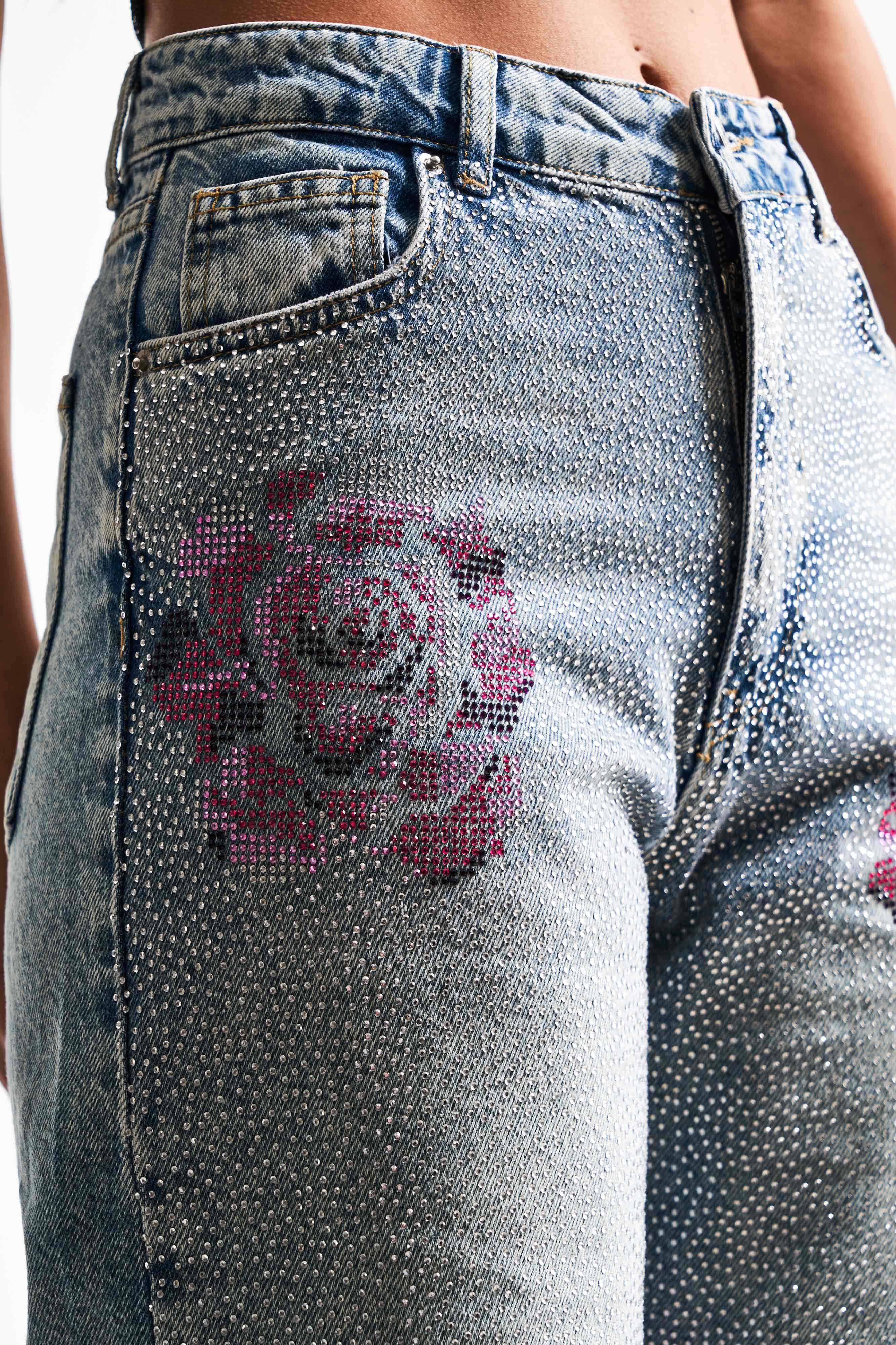 Kadın T.Kot Rengi 4s5-80 Straight Fit Parlak Taşlı Gül Detaylı %100 Koton Tasarım Denim Jean