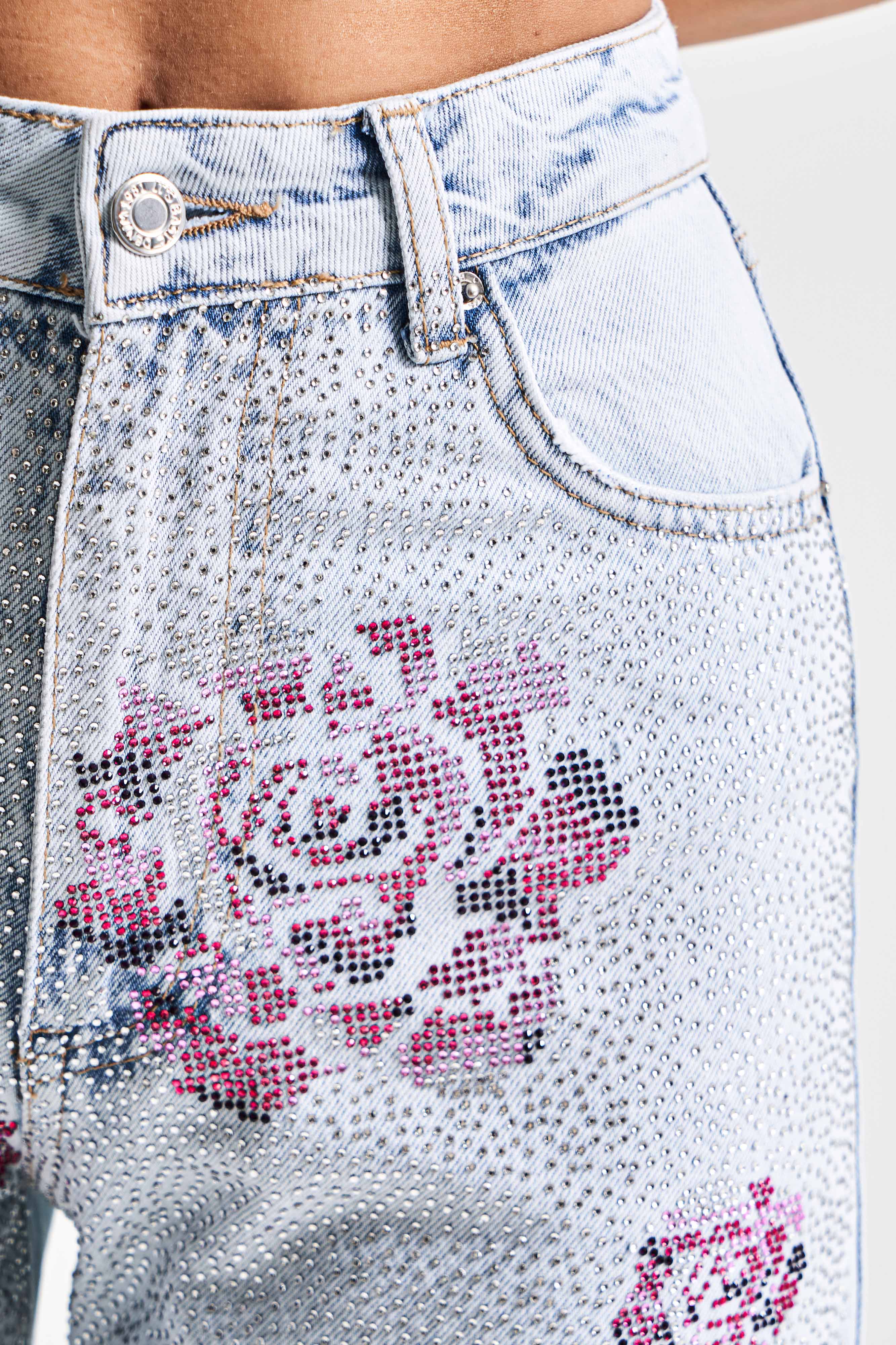 Kadın T.Kot Rengi 4s5-80 Straight Fit Parlak Taşlı Gül Detaylı %100 Koton Tasarım Denim Jean