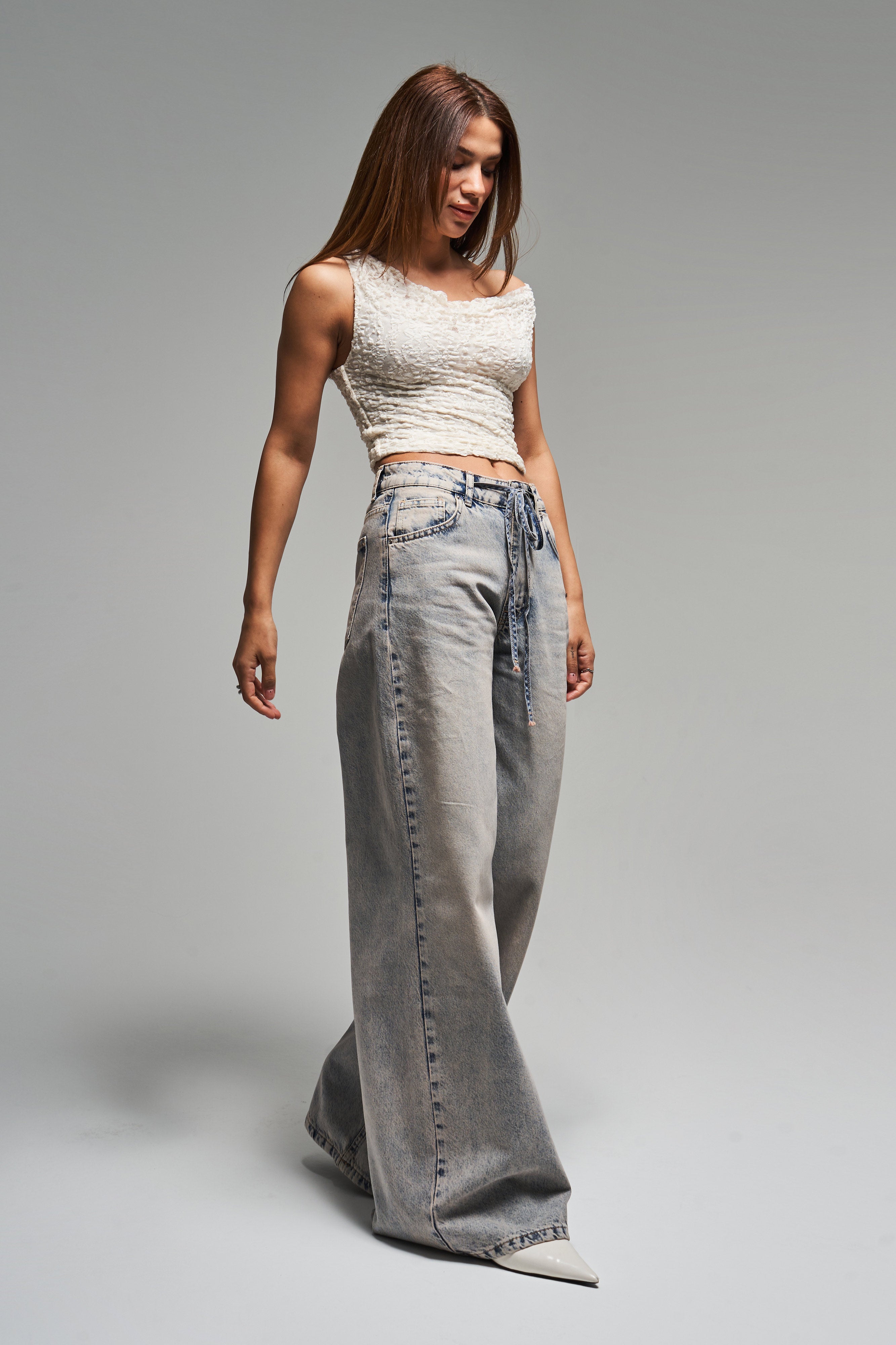 Kadın T.Kot Rengi 4s5-90 Palazzo Fit Bağcıklı %100 Koton Denim Jean