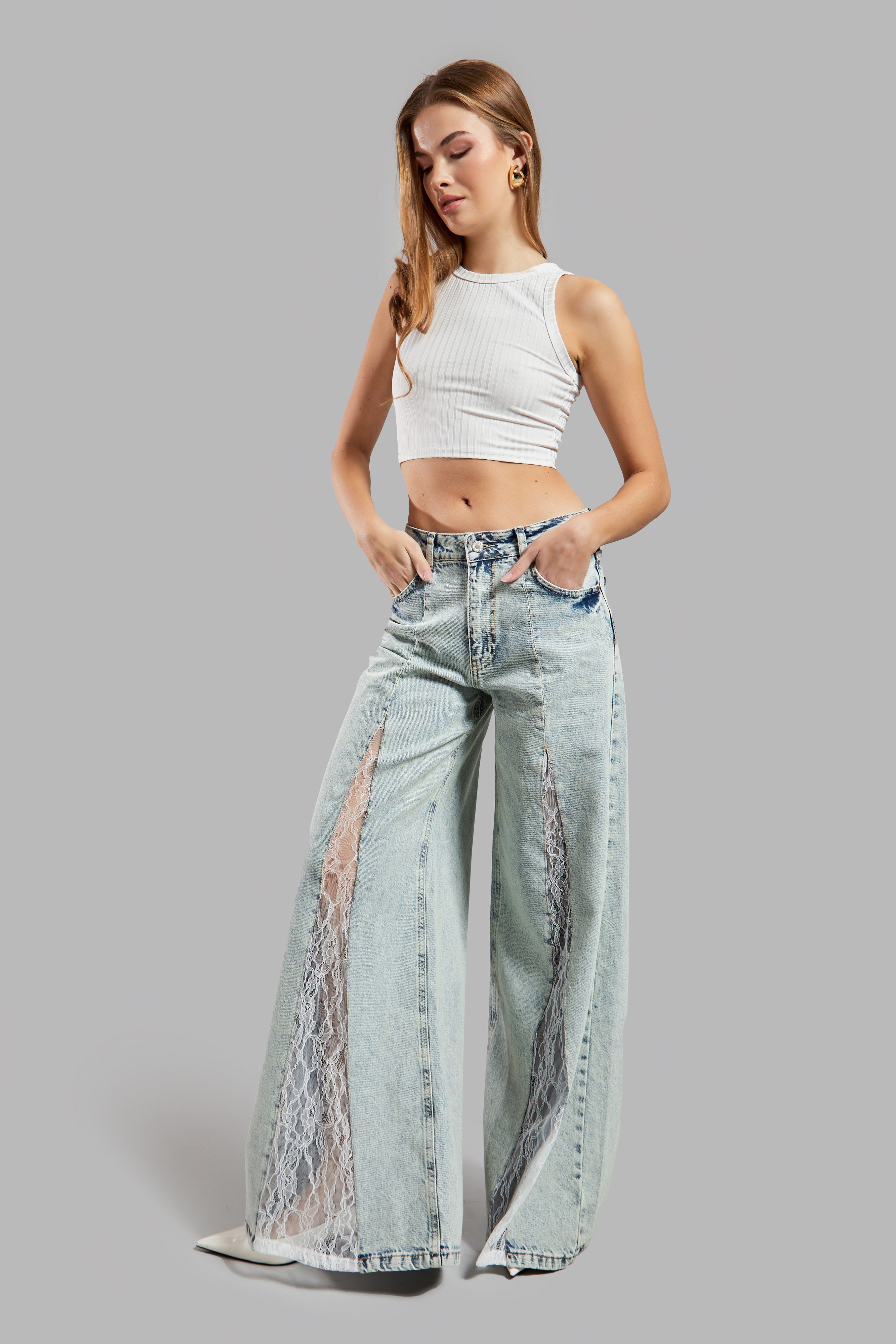 Women's T.Jeans Color 4S565 Lace Detailed Palazzo Fit Design Denim