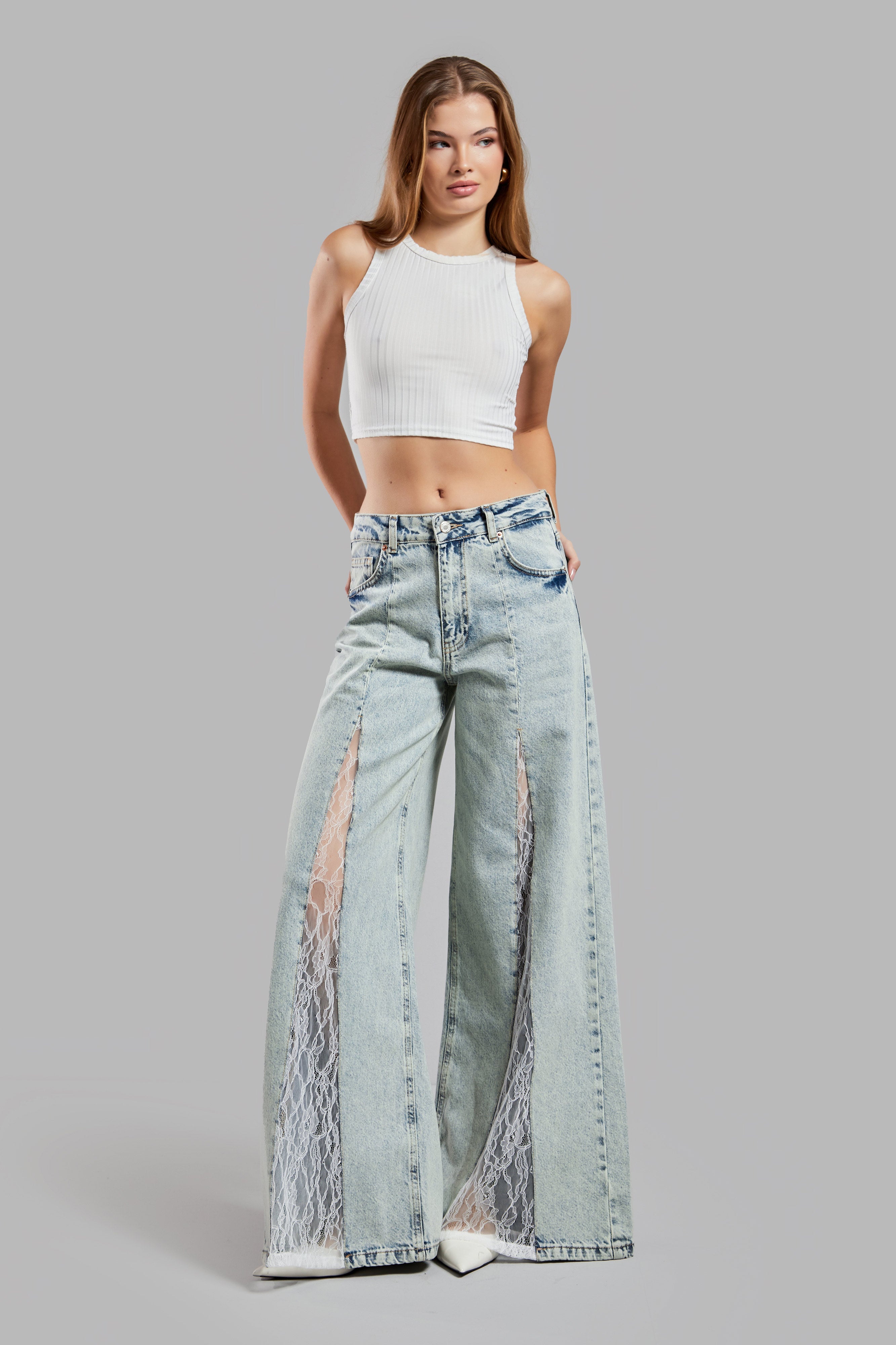 Women's T.Jeans Color 4S565 Lace Detailed Palazzo Fit Design Denim