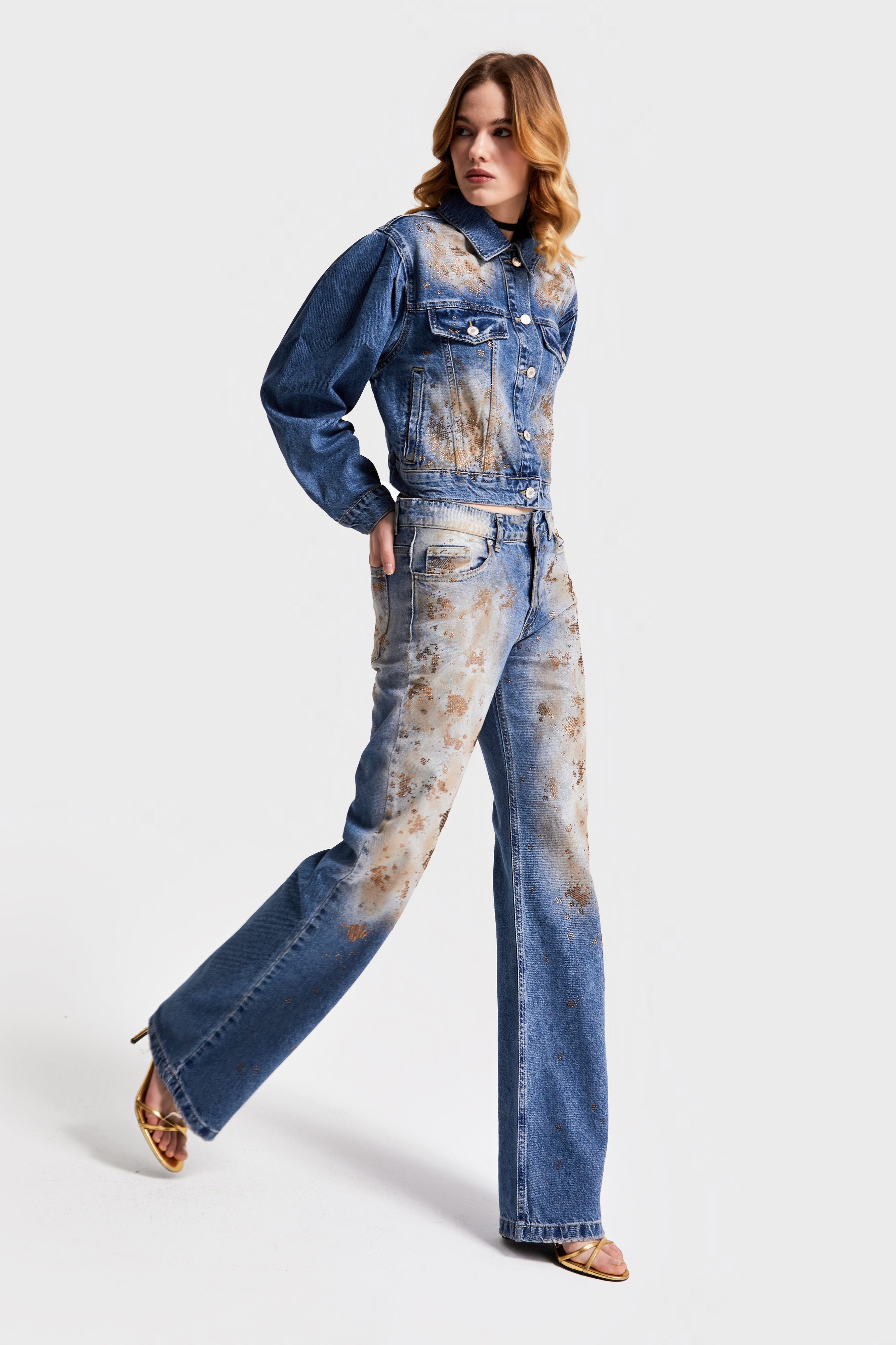 Women's T.Jeans Color 4S568 Shiny Stone Design Baggy Flare Fit Denim